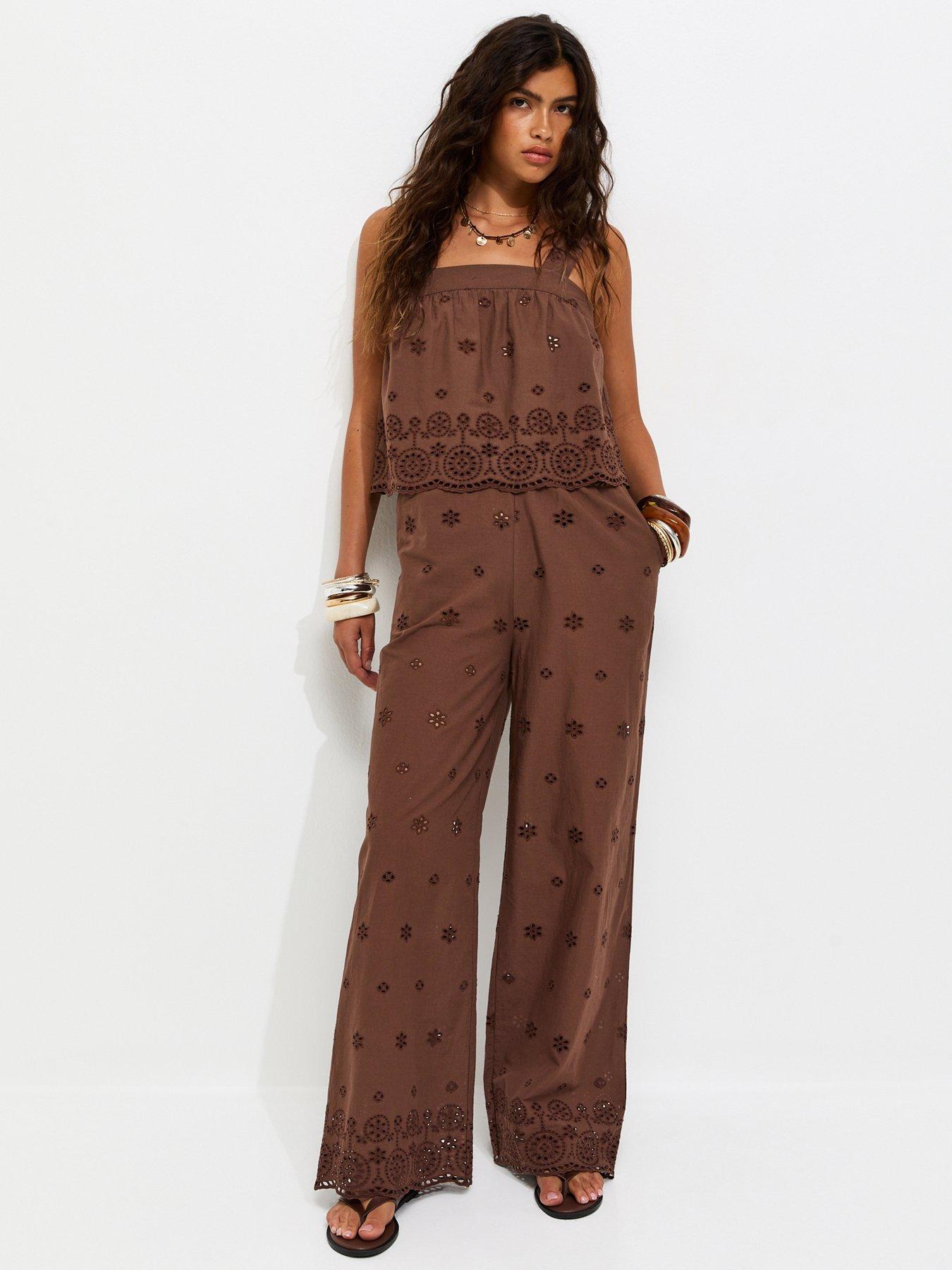 New Look Brown Cotton Broderie Wide Leg Co-ord Trousers