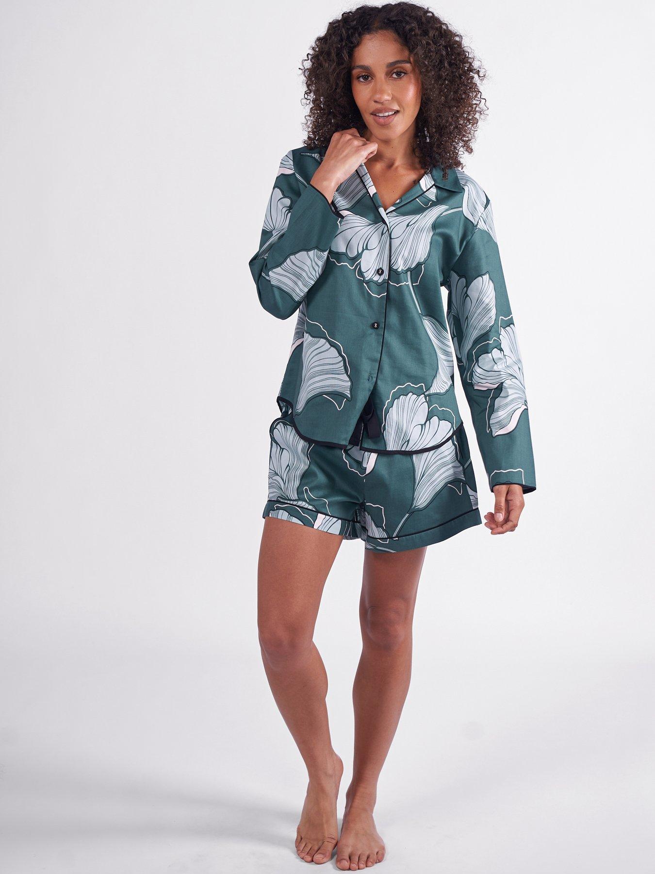 Image 1 of 4 of Cyberjammies Grace Green Floral Print L/Slv Pyjama Top &amp; Shorts Set