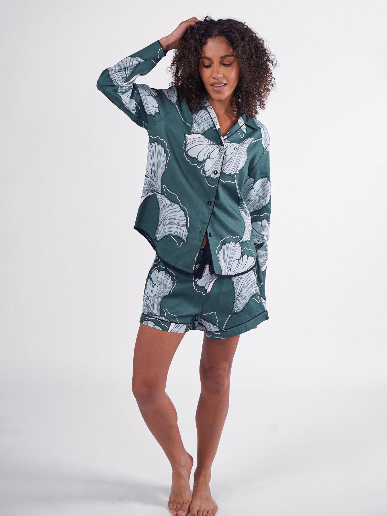 Image 2 of 4 of Cyberjammies Grace Green Floral Print L/Slv Pyjama Top &amp; Shorts Set