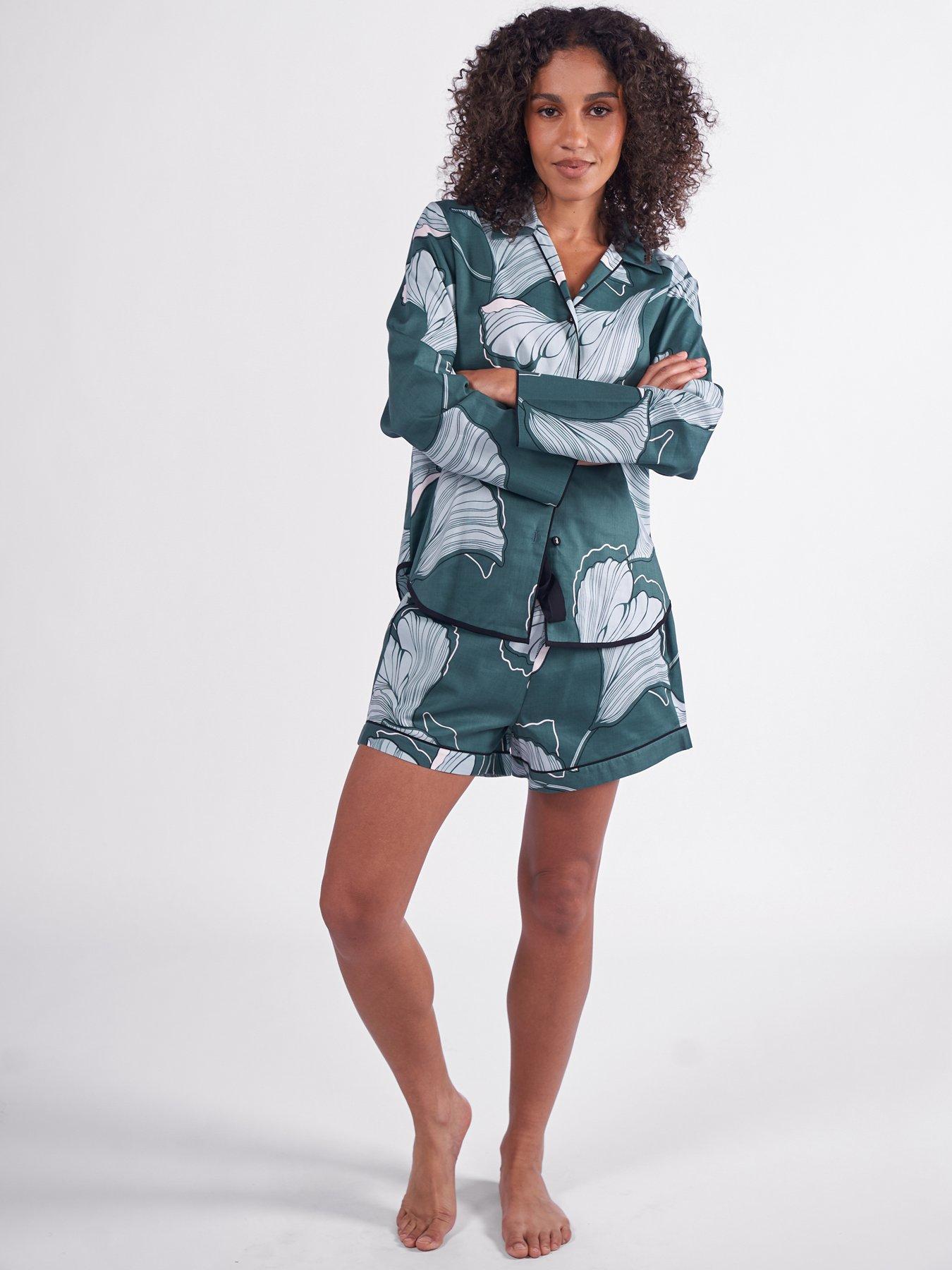 Image 3 of 4 of Cyberjammies Grace Green Floral Print L/Slv Pyjama Top &amp; Shorts Set