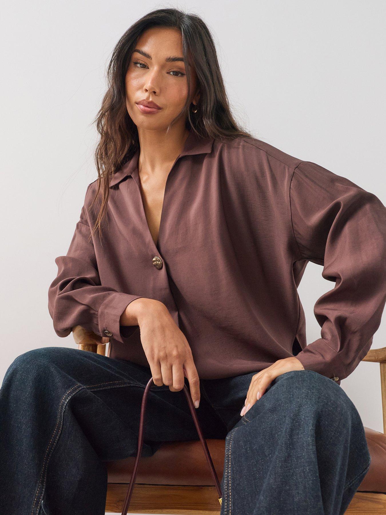The Very Collection V-Neck Gold Detail Shirt - Brown