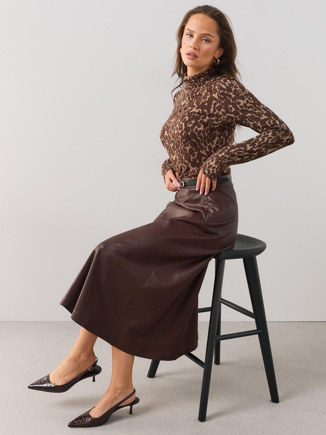 Image 5 of 6 of The Very Collection Pu Belted Midi Skirt - Brown