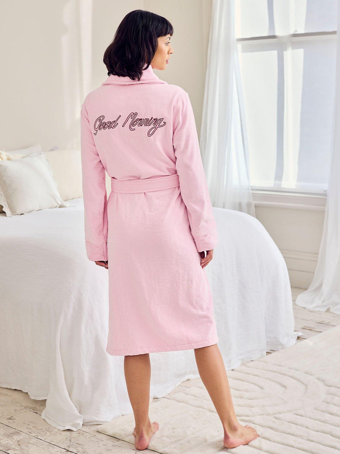 Image 2 of 5 of CHELSEA PEERS Cotton Towelling Embroidered Good Morning Dressing Gown - Pink