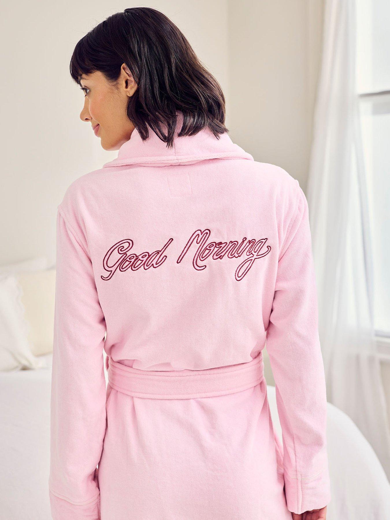 Image 5 of 5 of CHELSEA PEERS Cotton Towelling Embroidered Good Morning Dressing Gown - Pink
