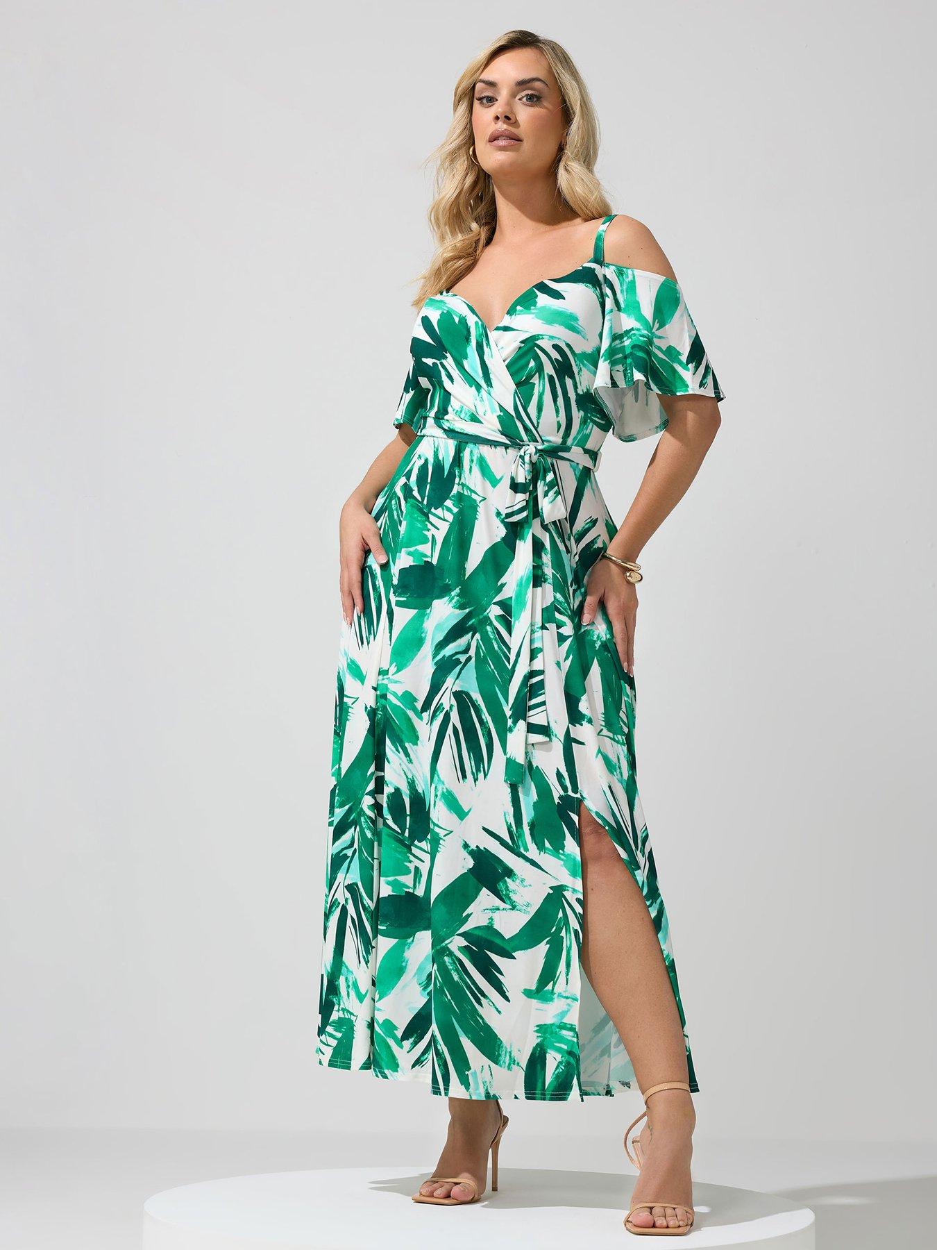 Yours Curve Abstract Cold Shoulder Maxi Dress - Green