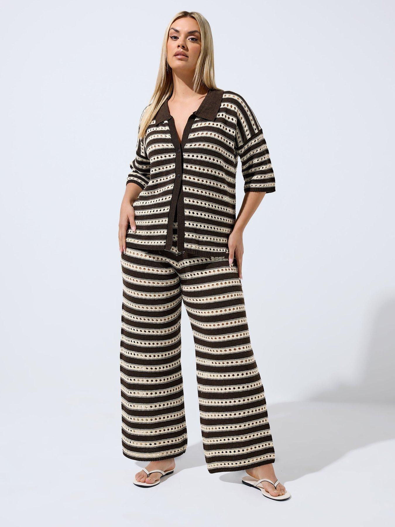 Image 3 of 4 of Yours Curve Knit Stripe Print Shirt - Brown