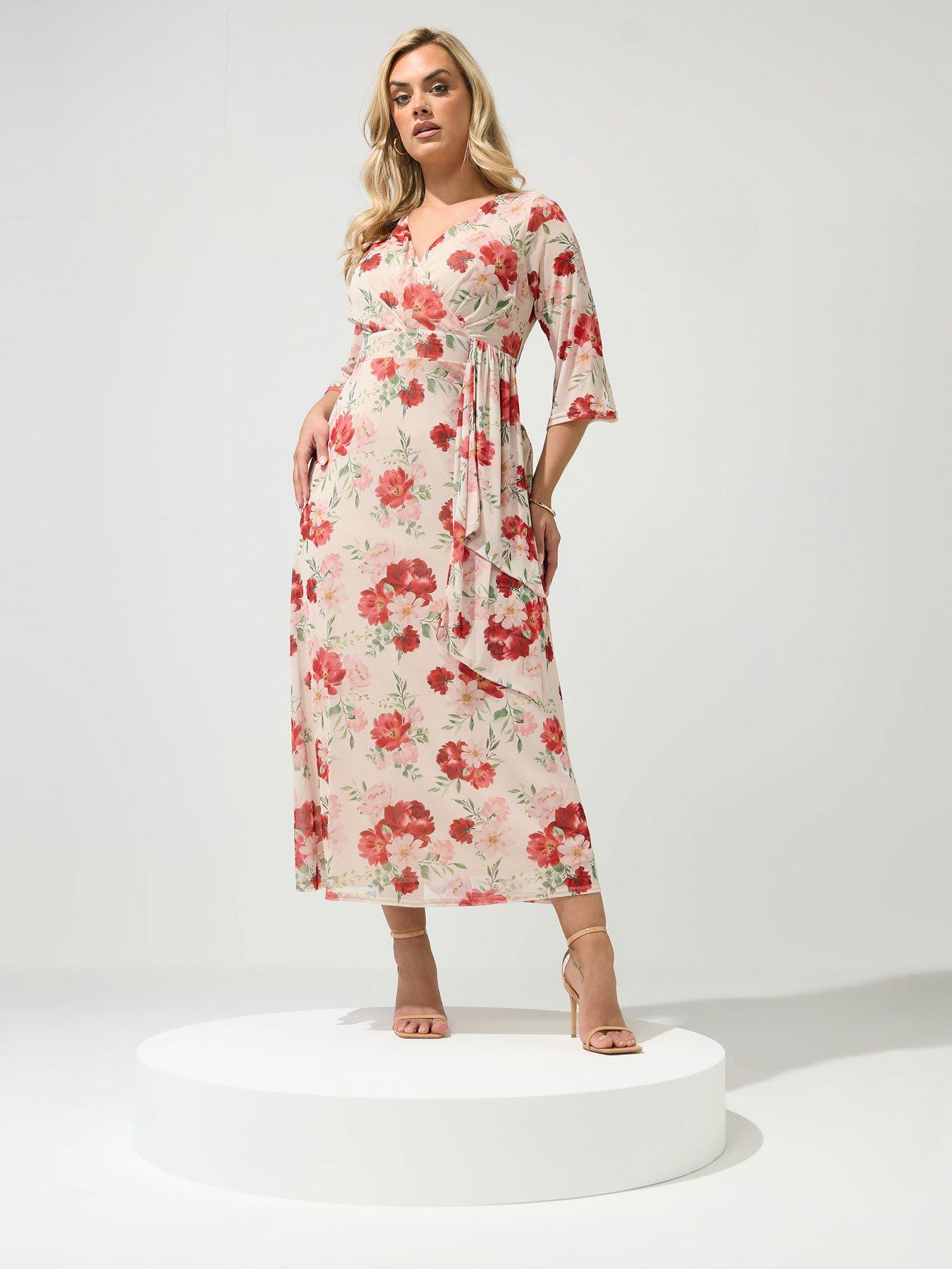 Yours Curve Floral Mesh Wrap Dress - Cream