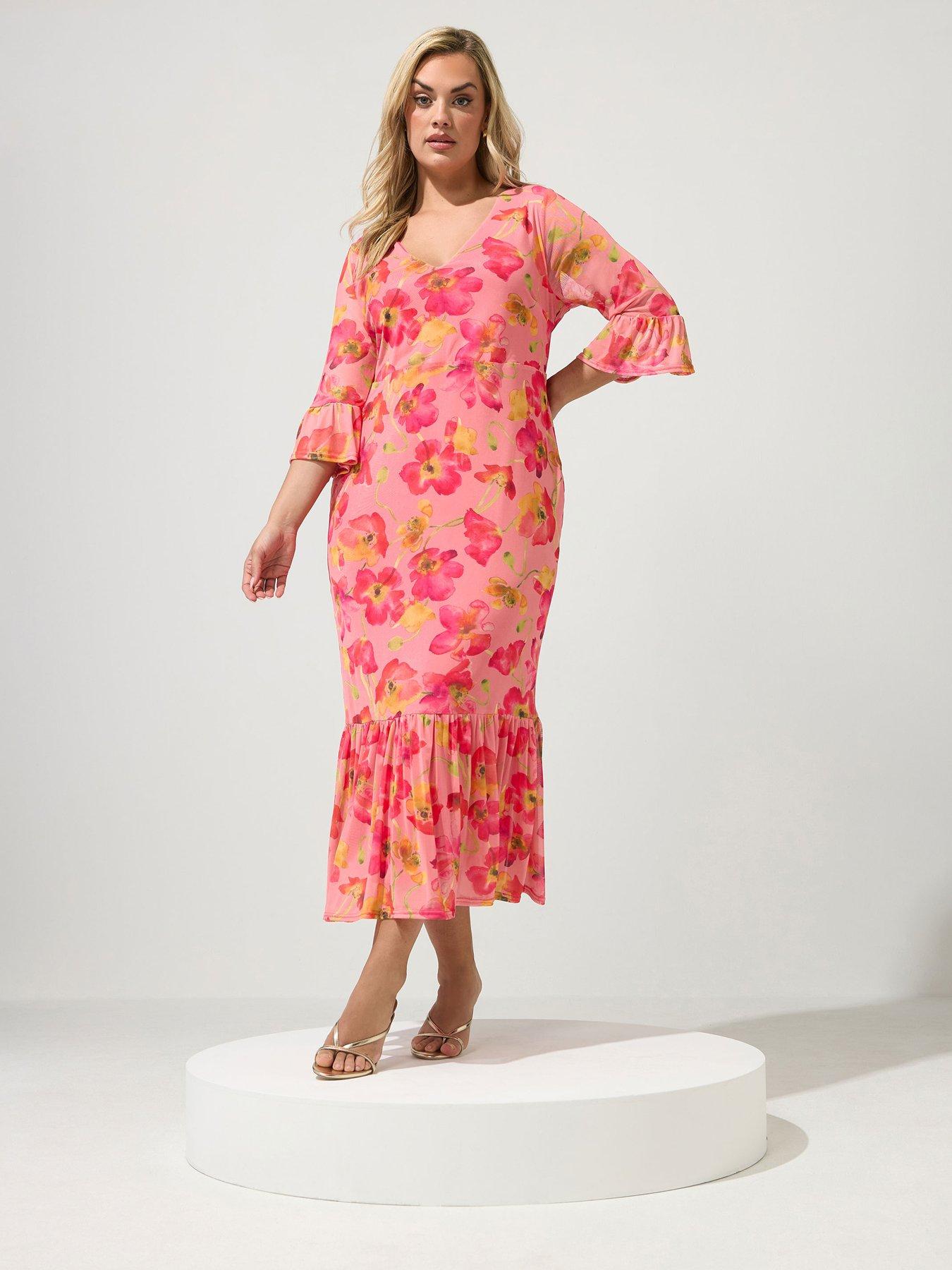 Image 3 of 4 of Yours Curve Floral Mesh Tiered V Neck Dress
