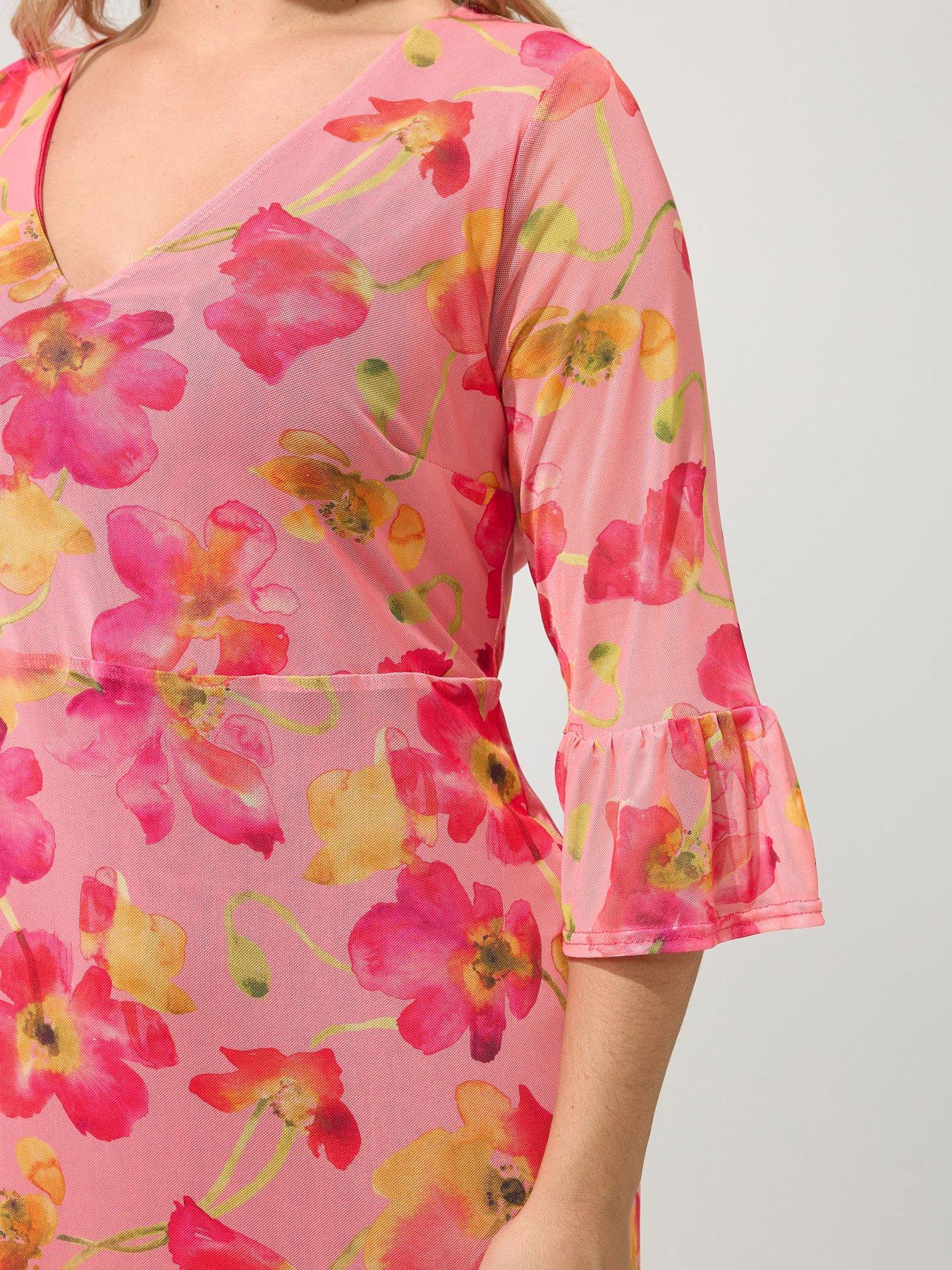 Image 4 of 4 of Yours Curve Floral Mesh Tiered V Neck Dress