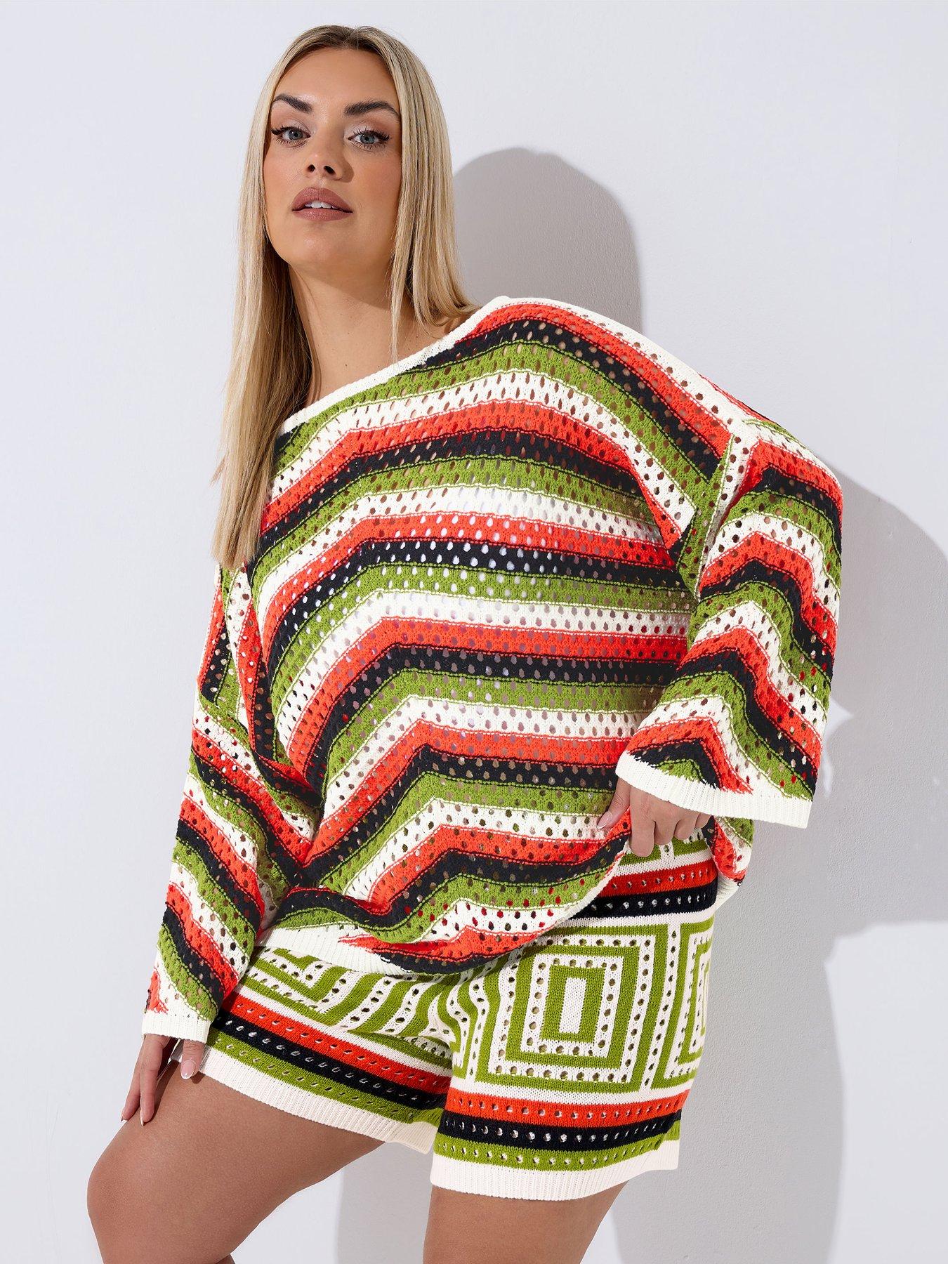 Yours Curve Stripe Print Crochet Shirt - Ivory-White/Green