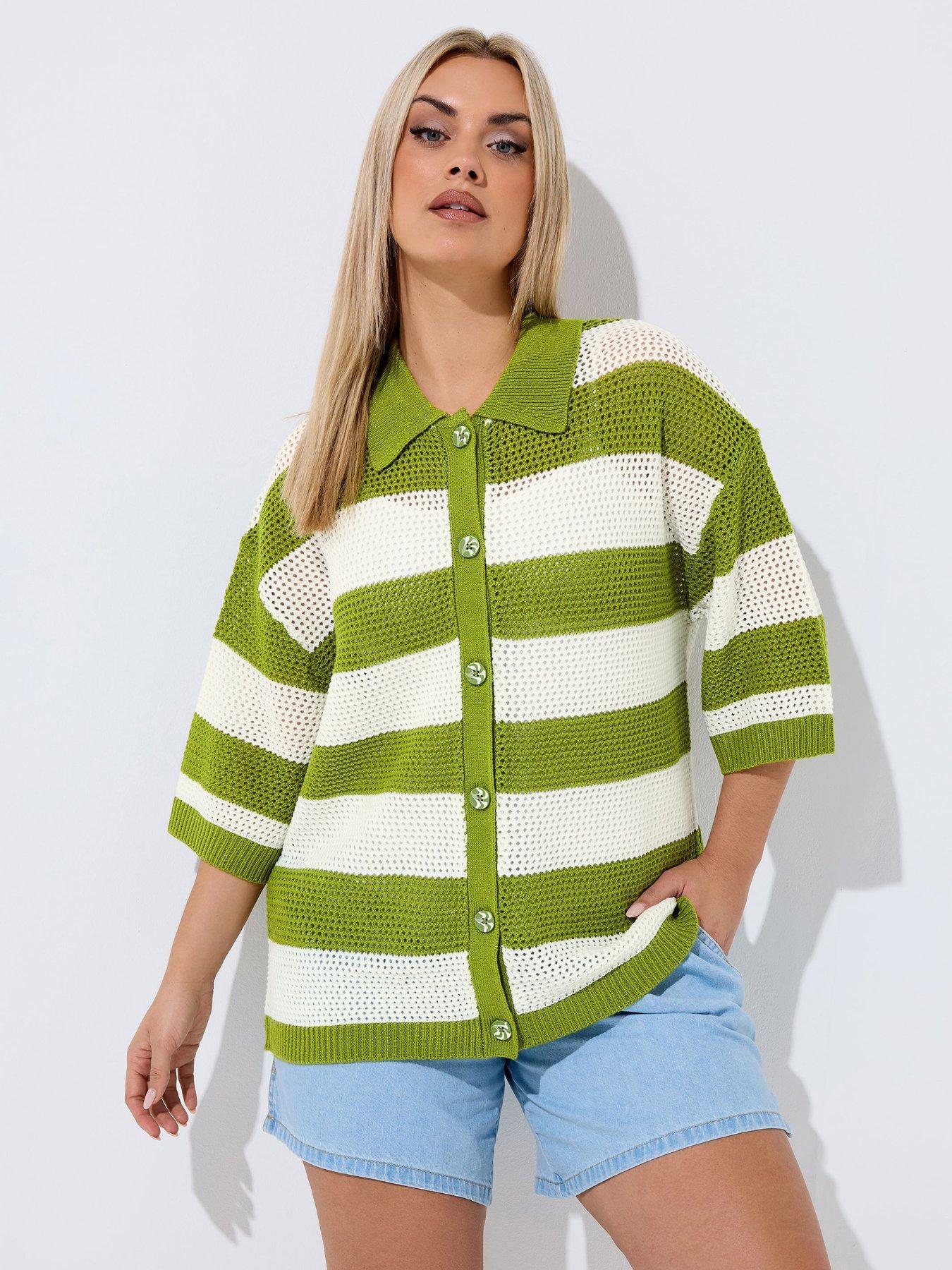 Yours Curve Stripe Boxy Knitted Shirt - Green