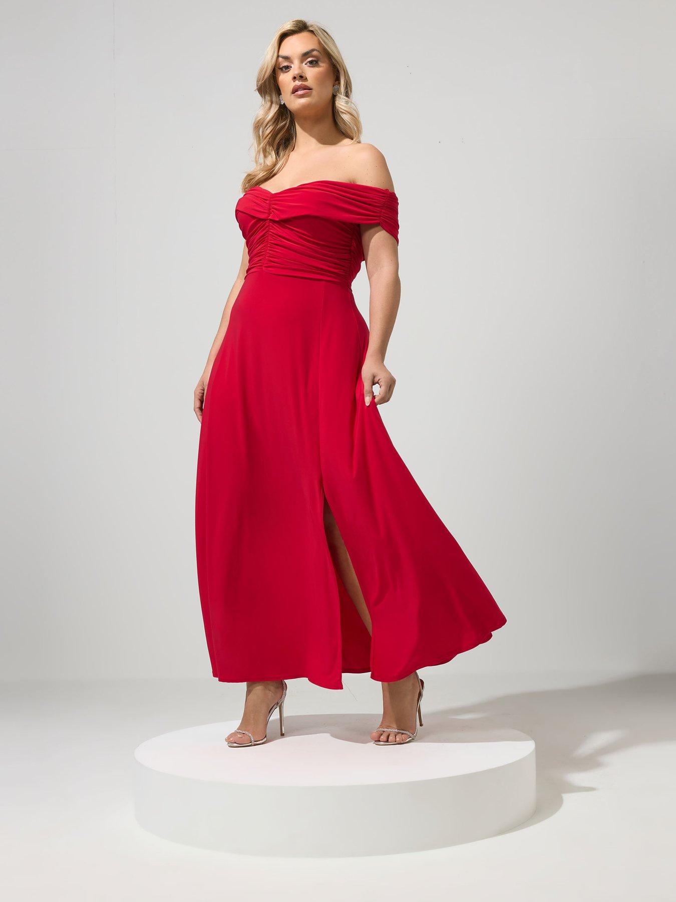 Yours Curve Lightly Gathered Bardot Maxi Dress - Red