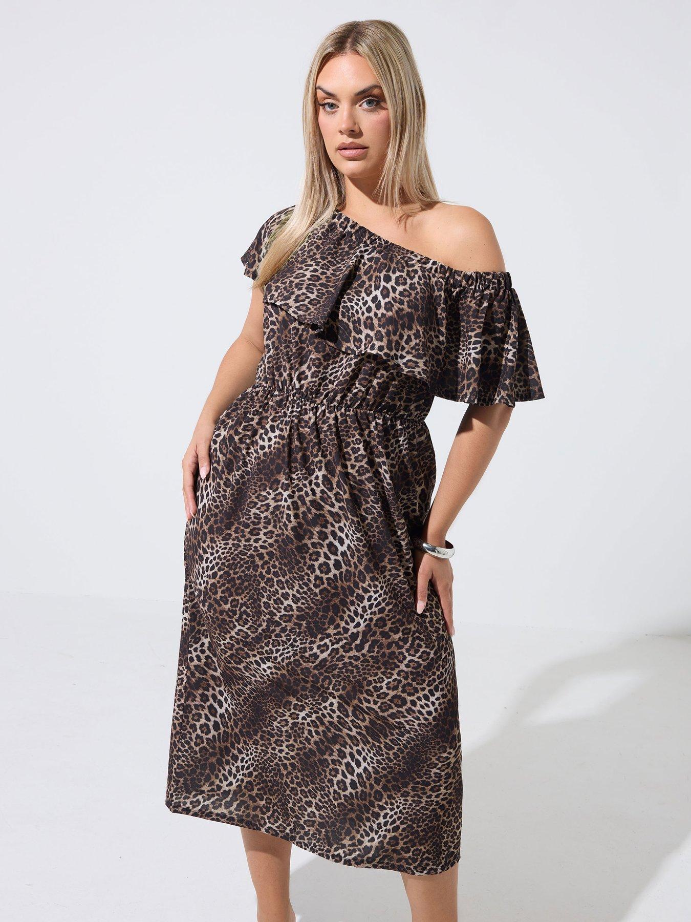 Yours Curve Leopard Frill Dress - Brown