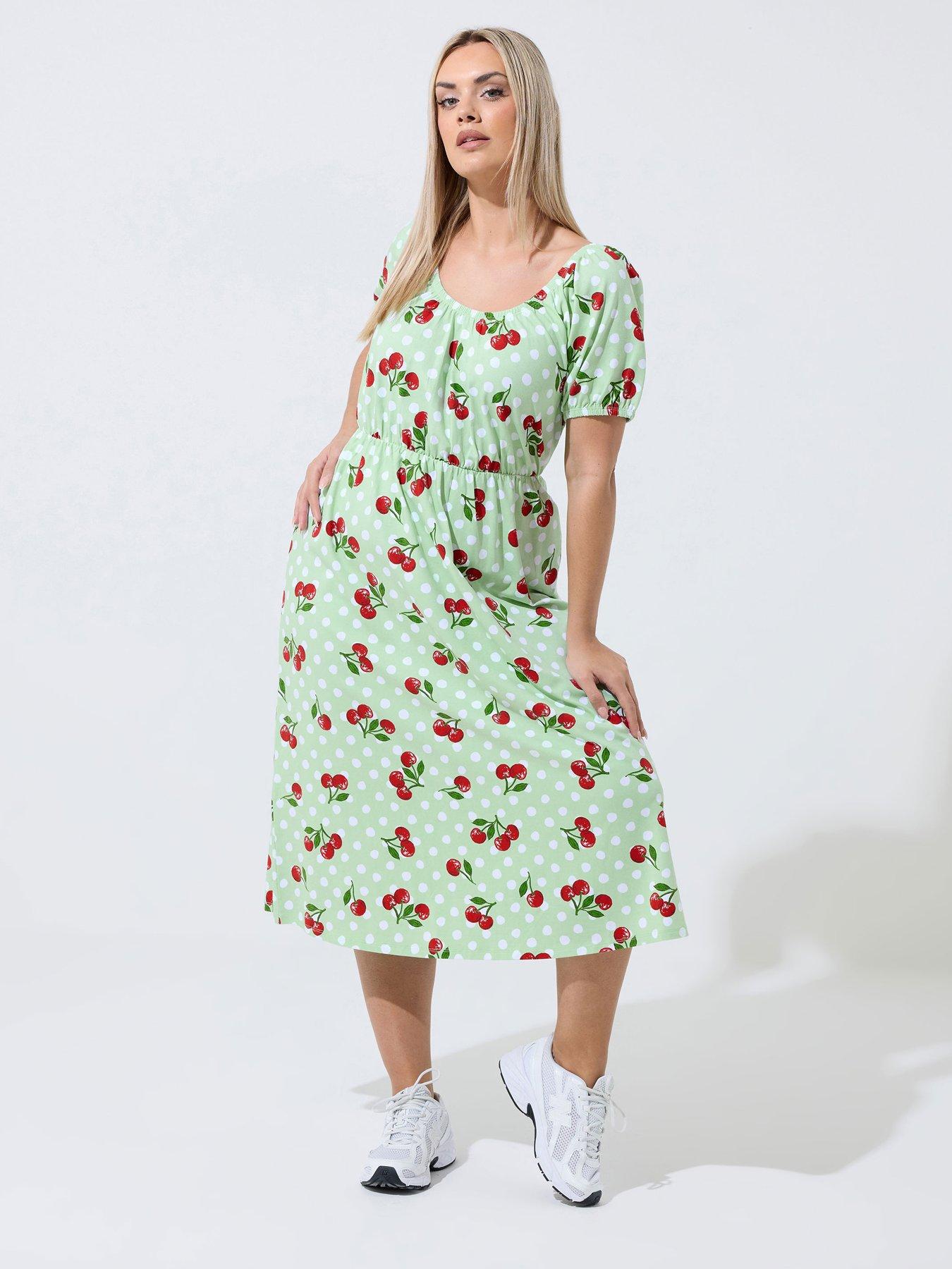 Image 1 of 4 of Yours Curve Cherry Gingham Bardot Dress - Green