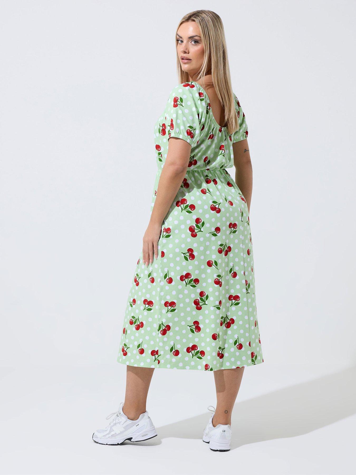Image 2 of 4 of Yours Curve Cherry Gingham Bardot Dress - Green