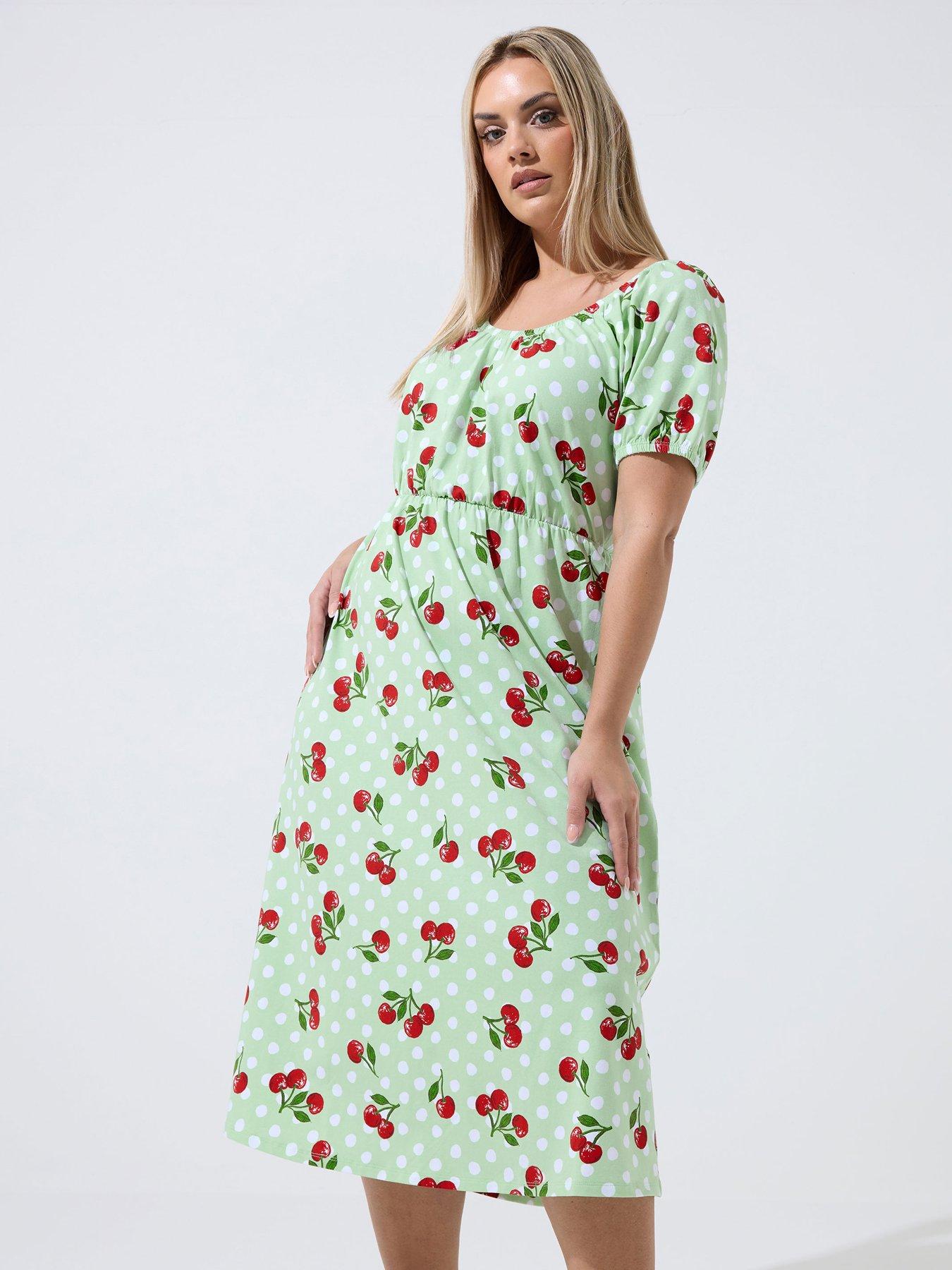 Image 3 of 4 of Yours Curve Cherry Gingham Bardot Dress - Green