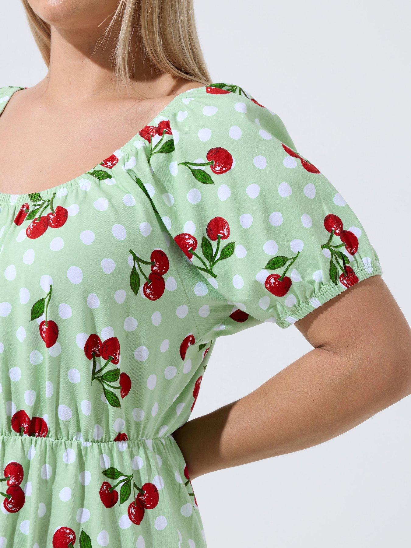 Image 4 of 4 of Yours Curve Cherry Gingham Bardot Dress - Green