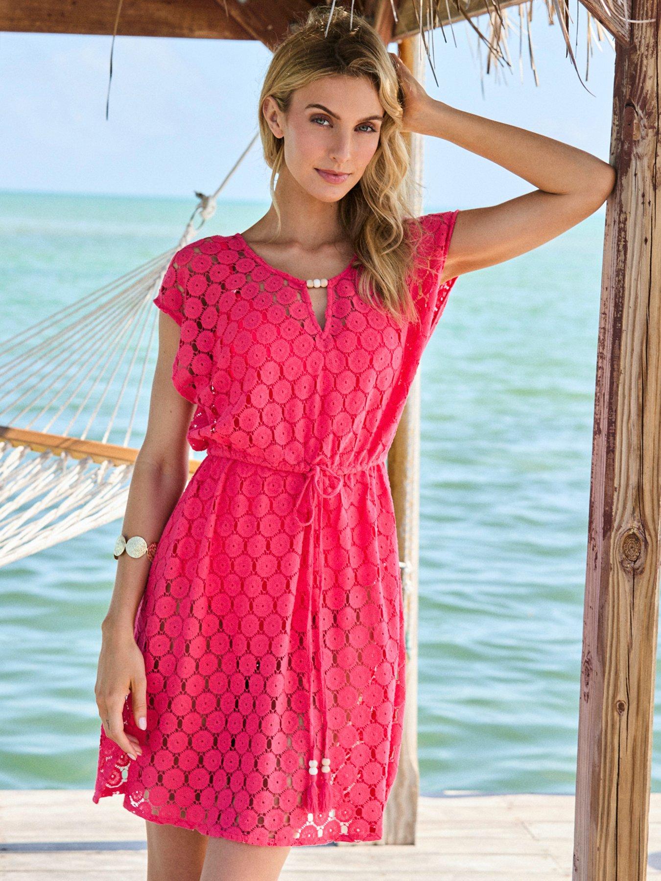 Sosandar: Crochet Bead Detail Tie Waist Beach Dress - Coral