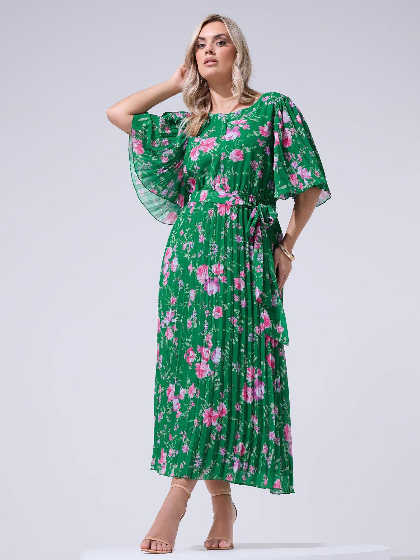 Image 1 of 4 of Yours Curve Floral Pleated Maxi Dress - Green
