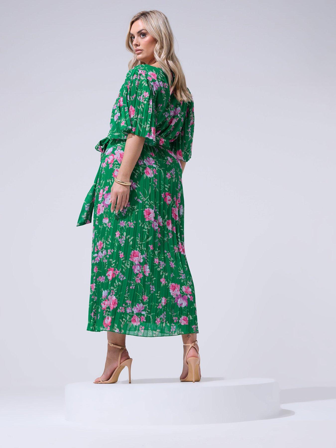 Image 2 of 4 of Yours Curve Floral Pleated Maxi Dress - Green