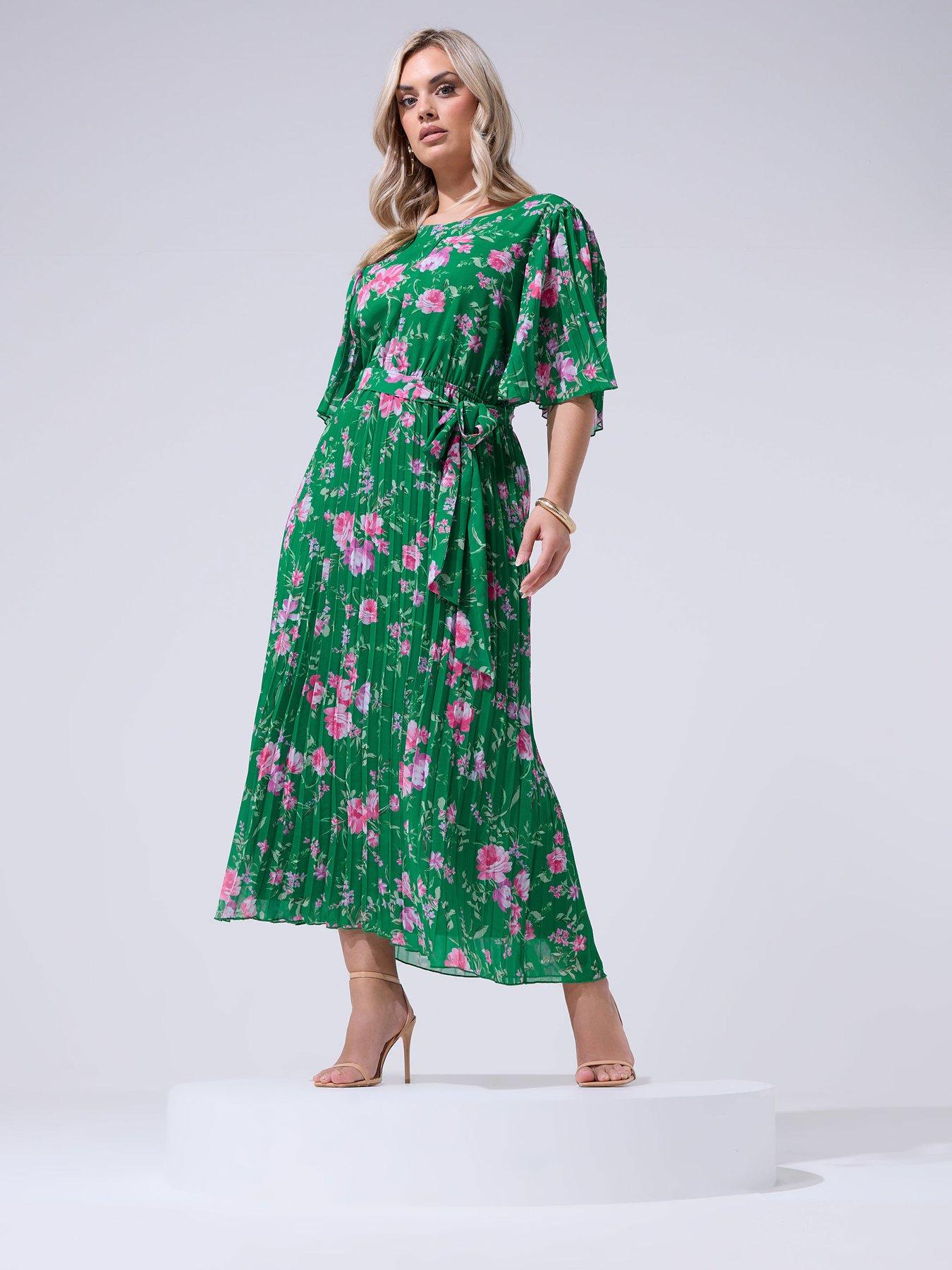 Image 3 of 4 of Yours Curve Floral Pleated Maxi Dress - Green