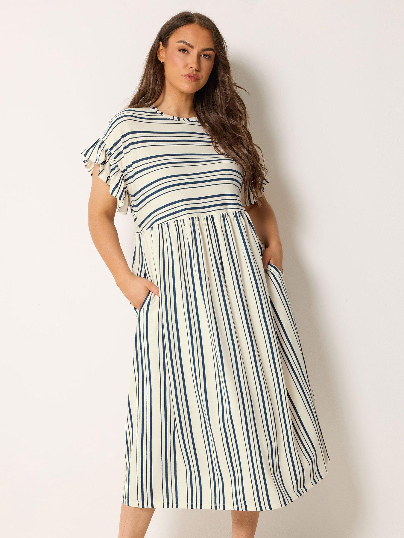 Yours Curve Frill Sleeve Stripe Print Dress - Blue