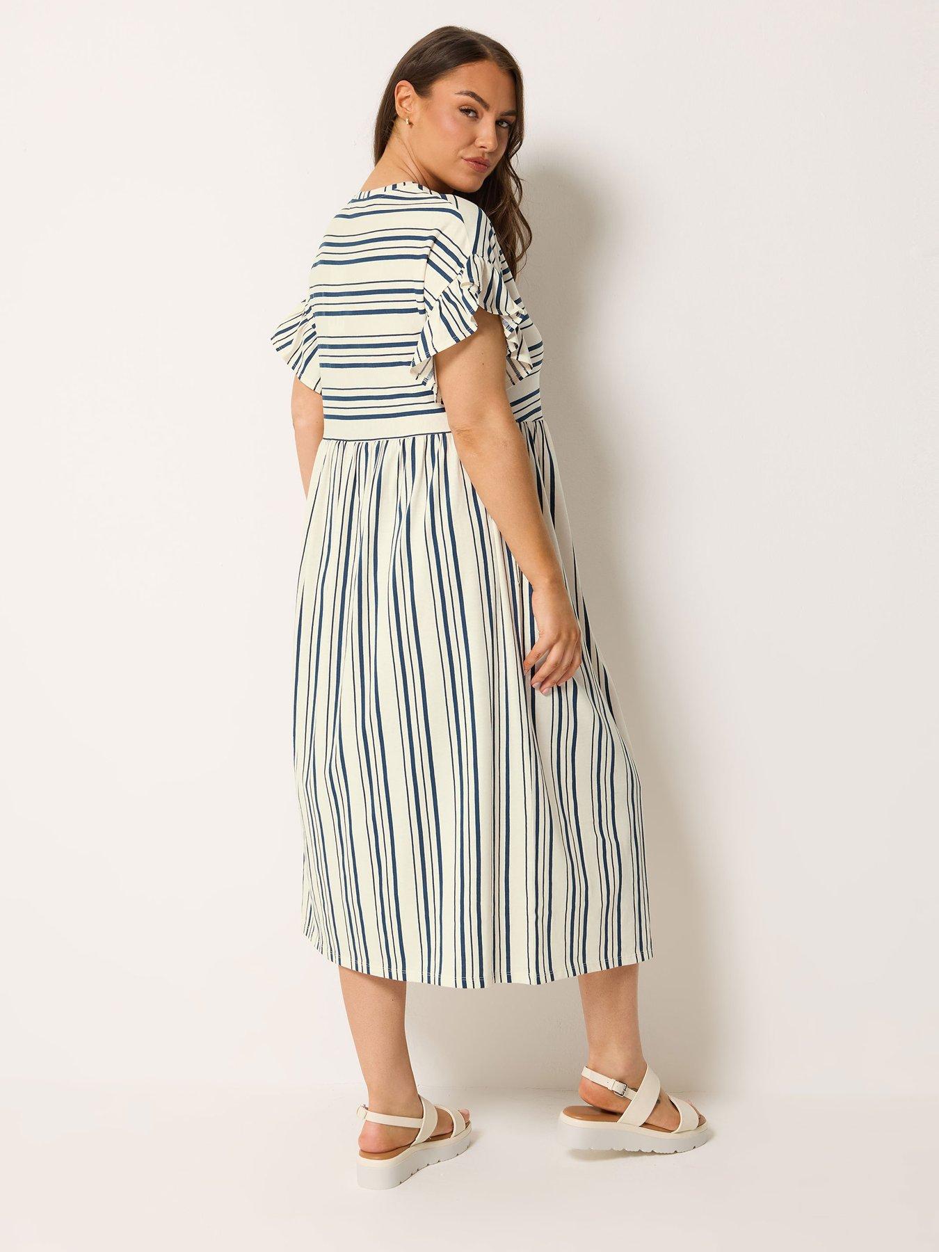 Yours Curve Frill Sleeve Stripe Print Dress - Blue | Very