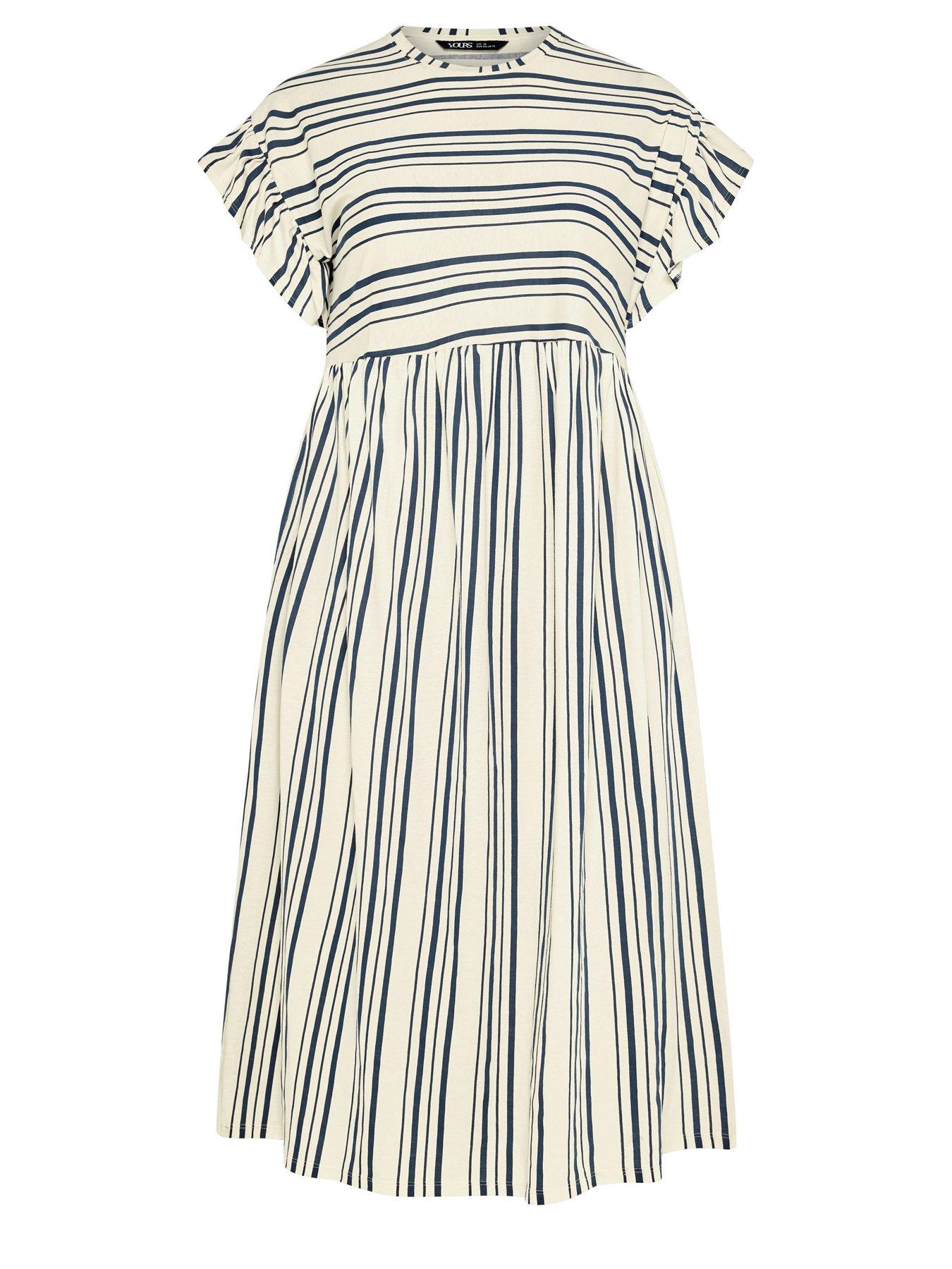 Yours Curve Frill Sleeve Stripe Print Dress - Blue | Very