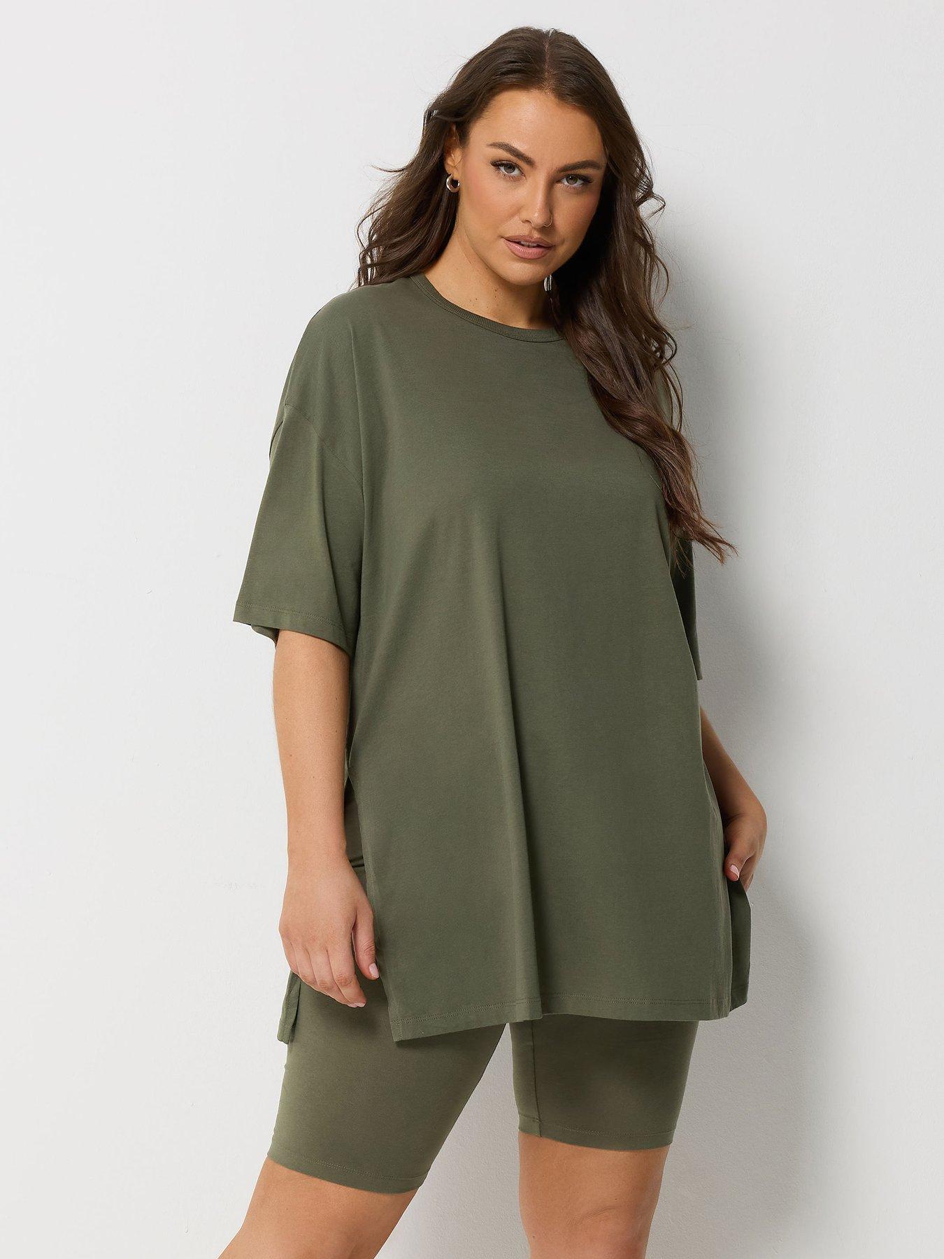 Image 1 of 4 of Yours Curve Side Split Longline T-Shirt - Green
