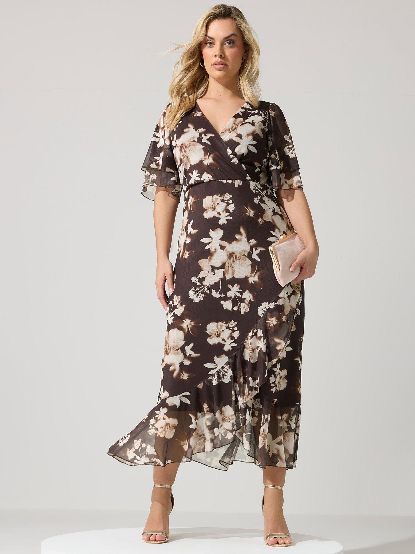 Yours Curve Floral Mesh Wrap Ruffle Dress - Brown