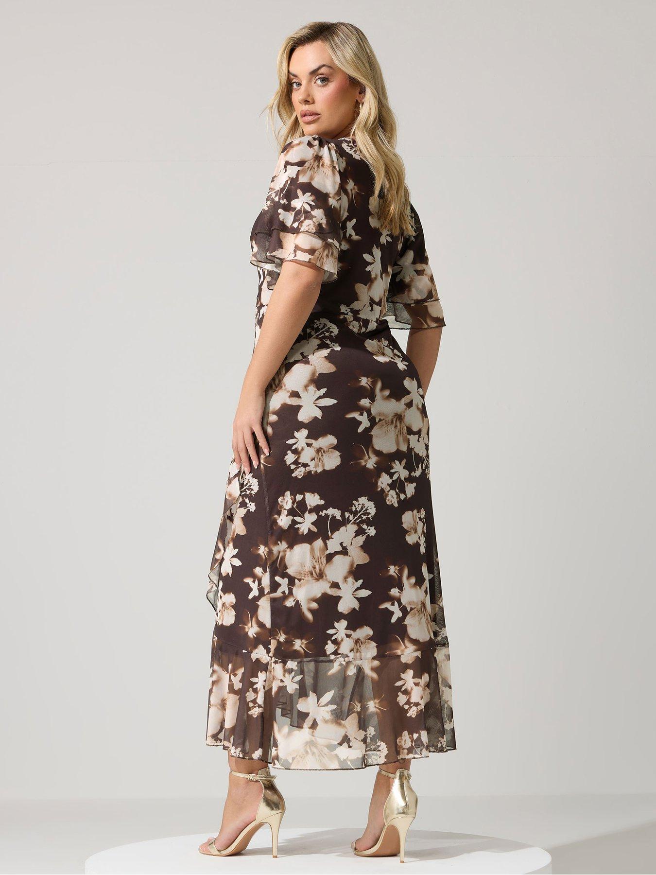 Image 2 of 5 of Yours Curve Floral Mesh Wrap Ruffle Dress