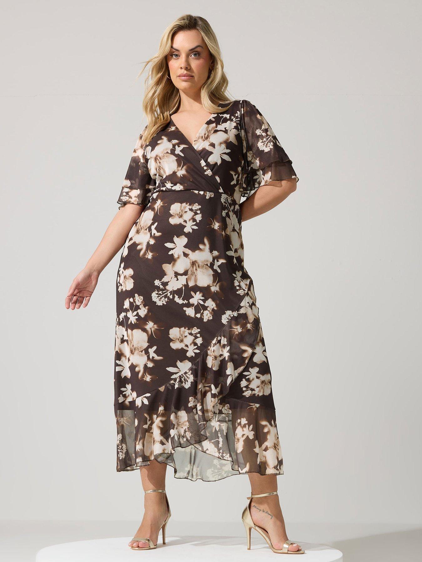 Image 3 of 5 of Yours Curve Floral Mesh Wrap Ruffle Dress