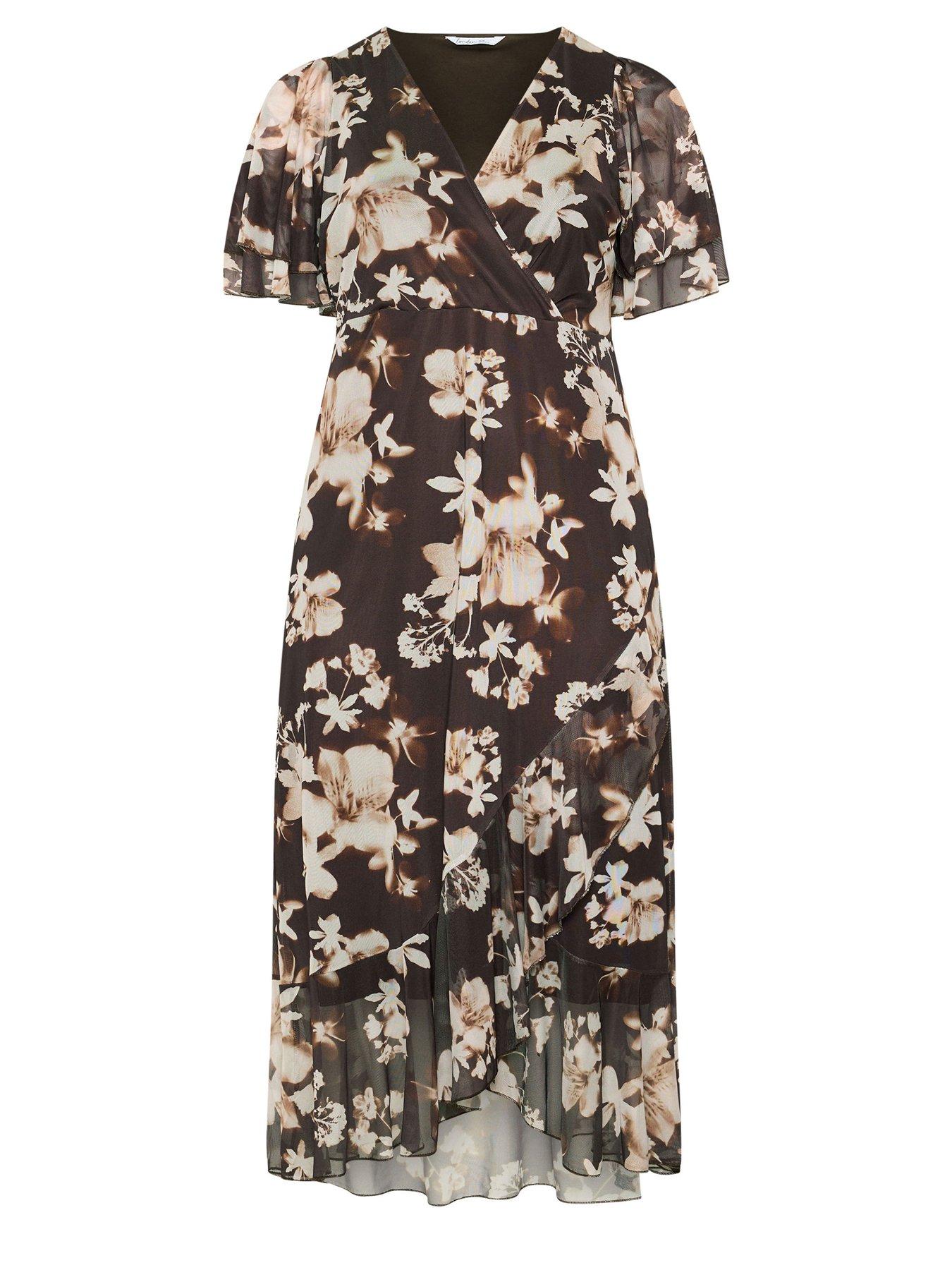 Image 5 of 5 of Yours Curve Floral Mesh Wrap Ruffle Dress