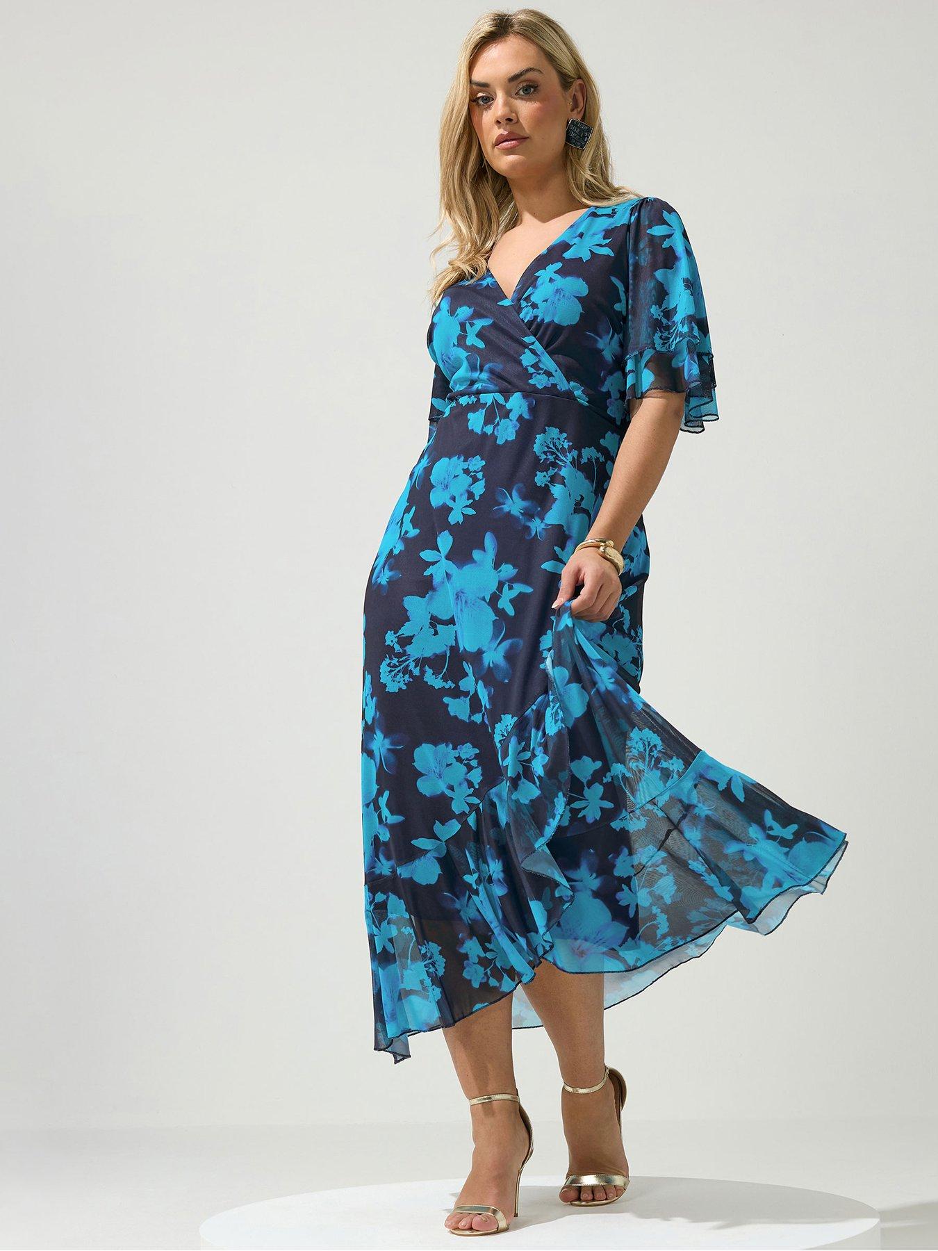 Yours Curve Floral Mesh Wrap Ruffle Dress - Blue