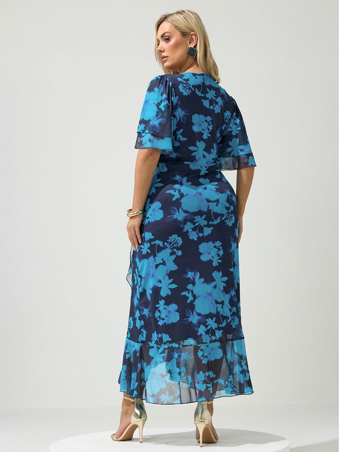 Image 2 of 5 of Yours Curve Floral Mesh Wrap Ruffle Dress