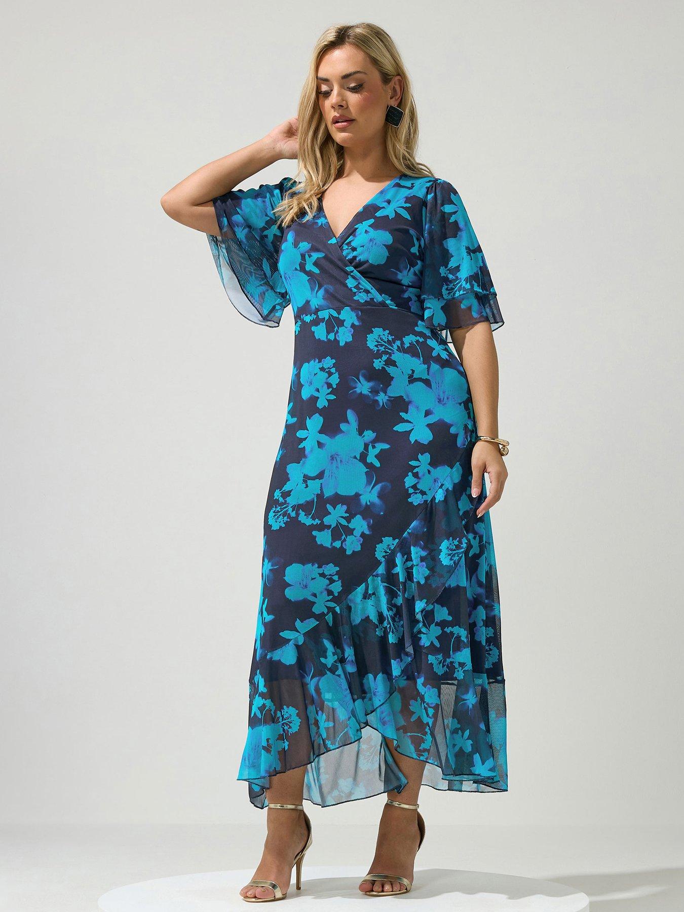 Image 3 of 5 of Yours Curve Floral Mesh Wrap Ruffle Dress