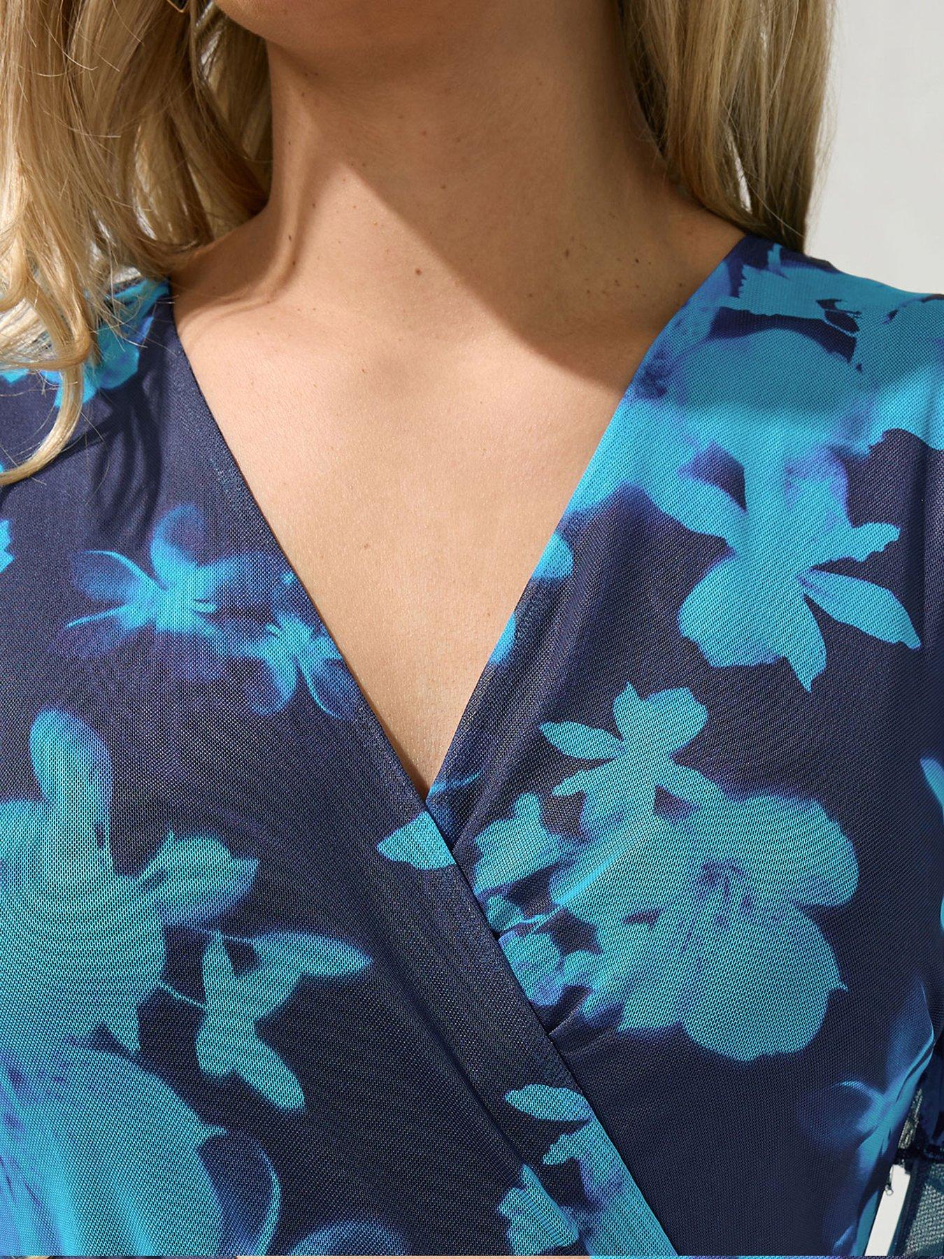 Image 4 of 5 of Yours Curve Floral Mesh Wrap Ruffle Dress