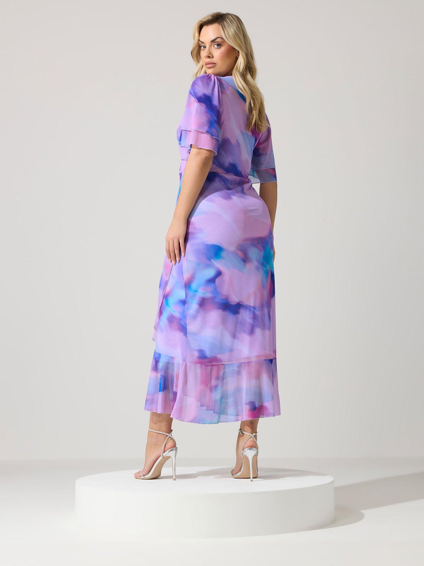 Image 2 of 4 of Yours Curve Abstract Mesh Wrap Ruffle Dress