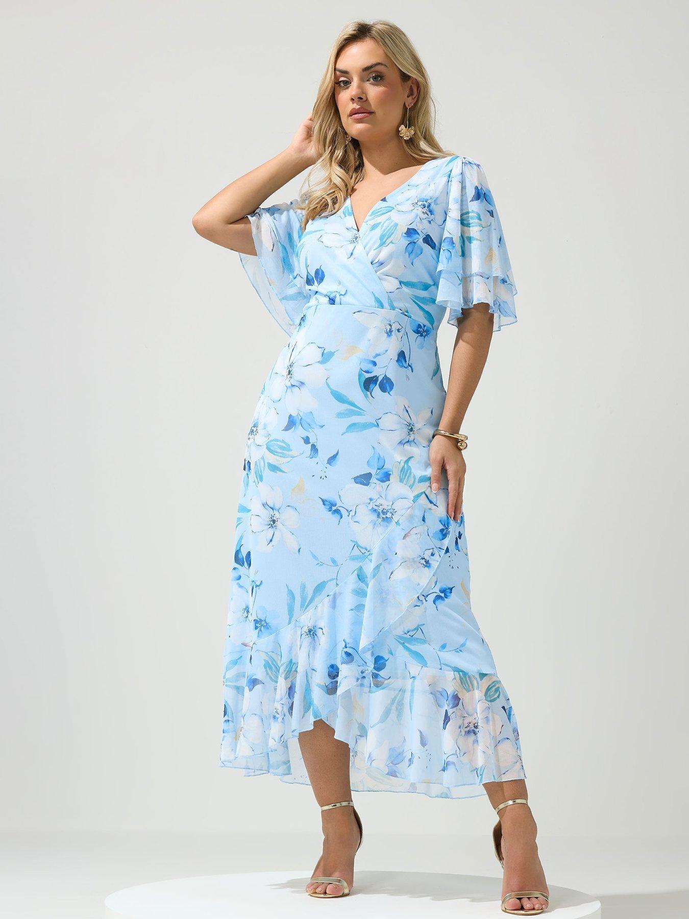 Yours Curve Floral Mesh Wrap Ruffle Dress - Blue