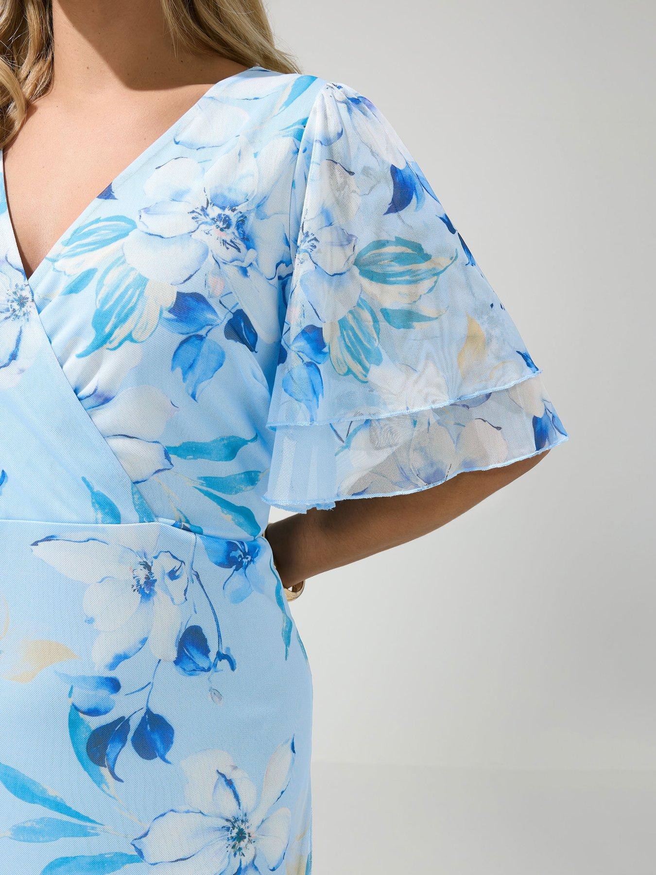 Image 4 of 4 of Yours Curve Floral Mesh Wrap Ruffle Dress