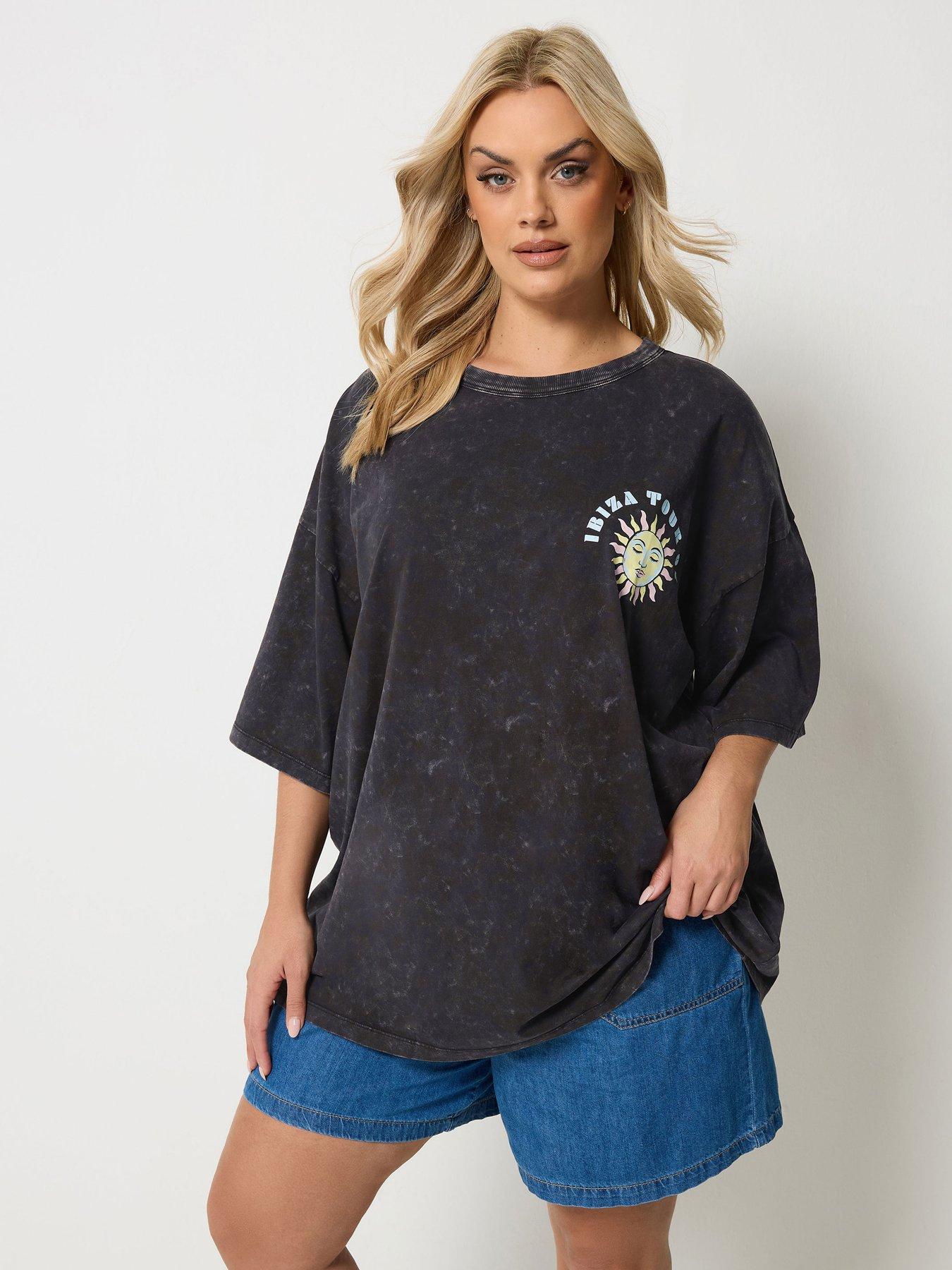 Yours Curve Placement Boxy Acid Wash T-Shirt - Black