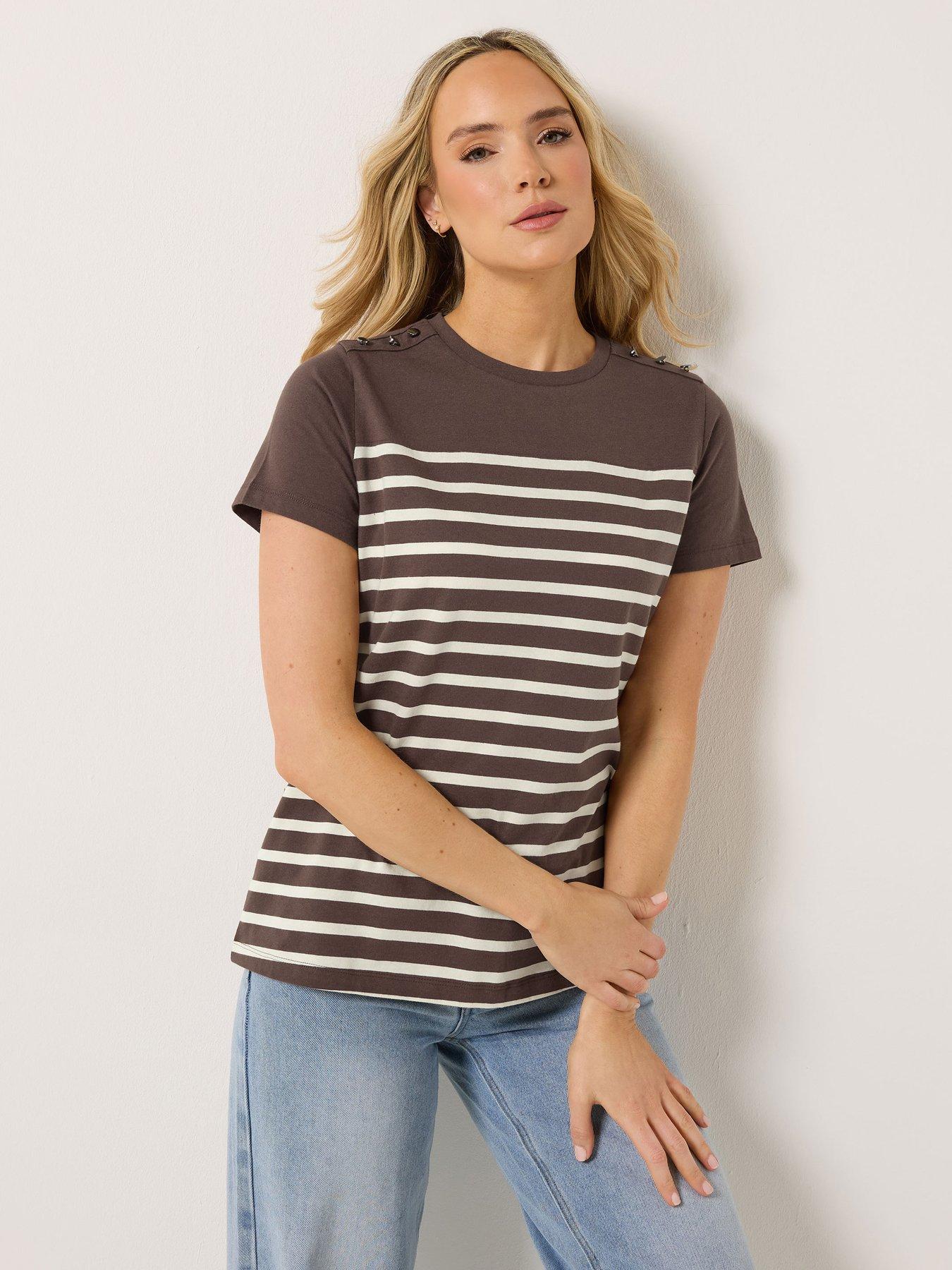 Long Tall Sally Stripe Button Shoulder T-Shirt - Black