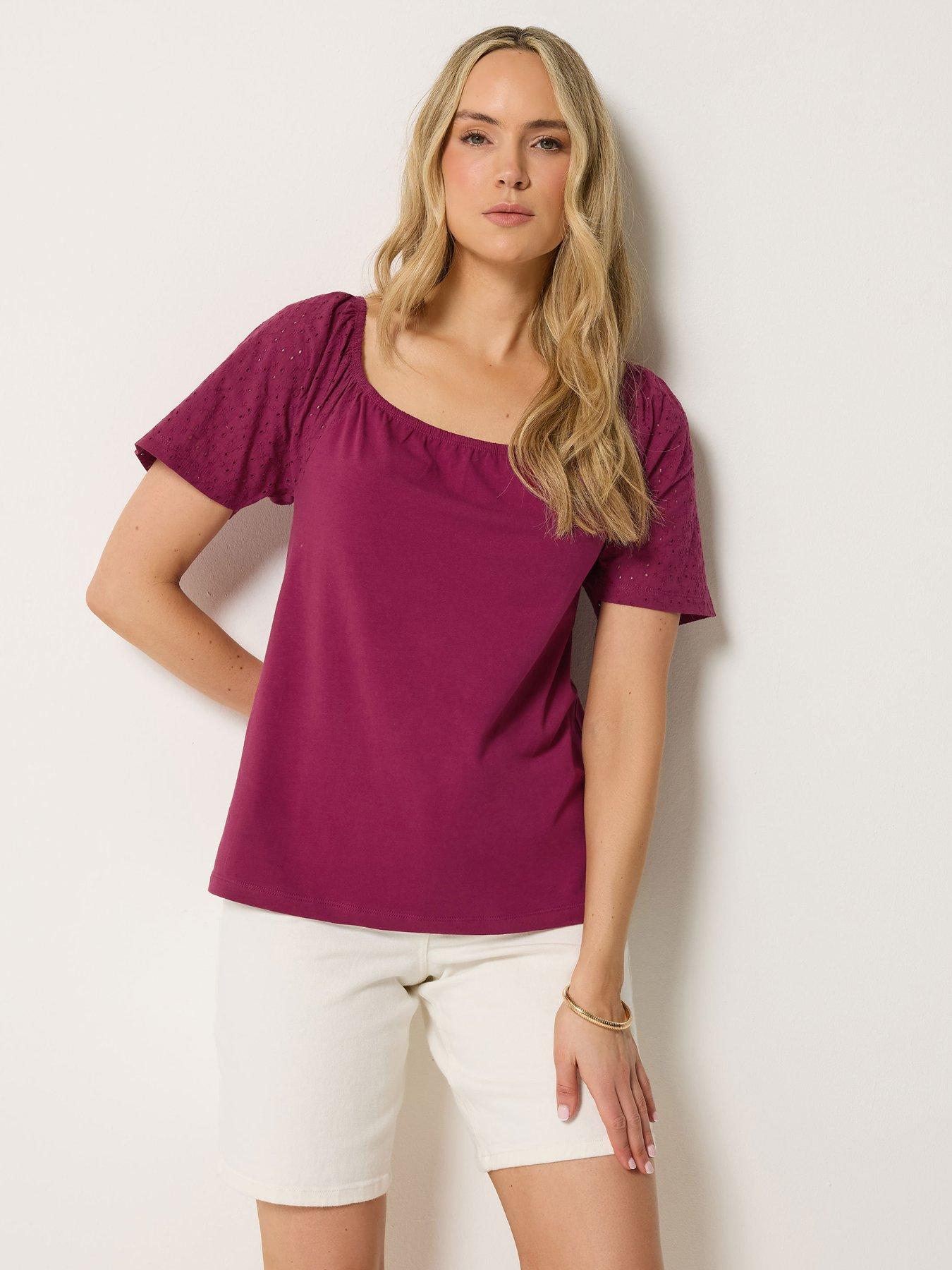 Long Tall Sally Square Neck Broidery Sleeve Top - Berry