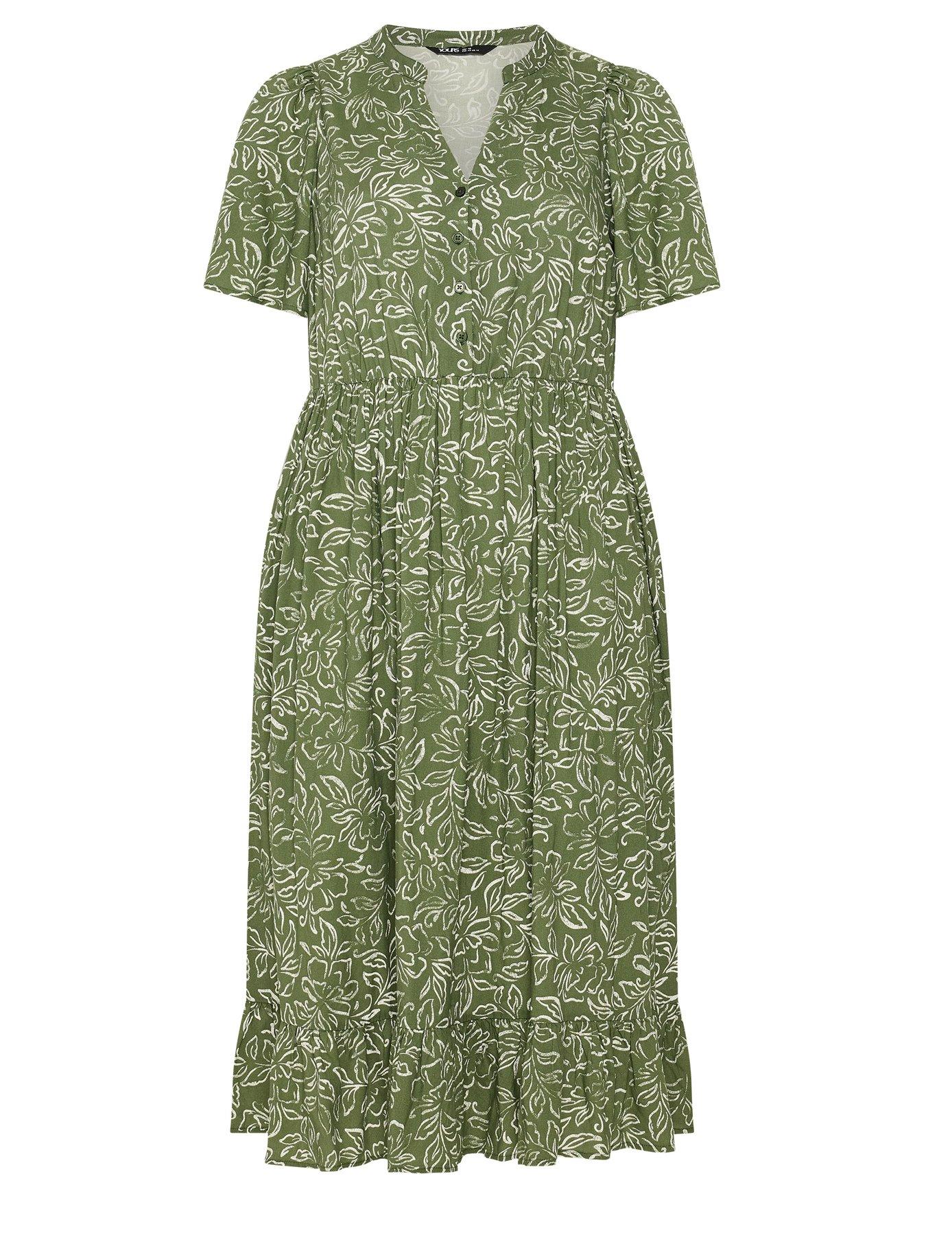Yours Curve Floral Half Placket Dress - Green | Very