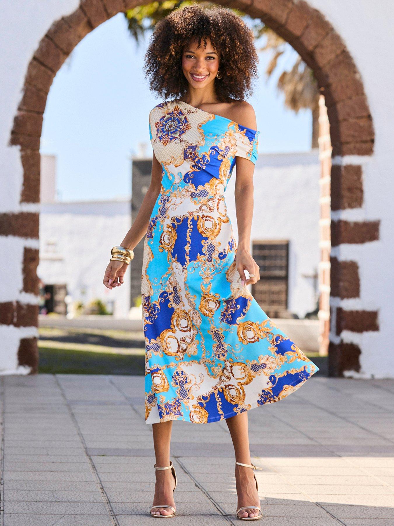 Sosandar Baroque Print Off The Shoulder Fit & Flare Dress, Blue, Size 16, Women
