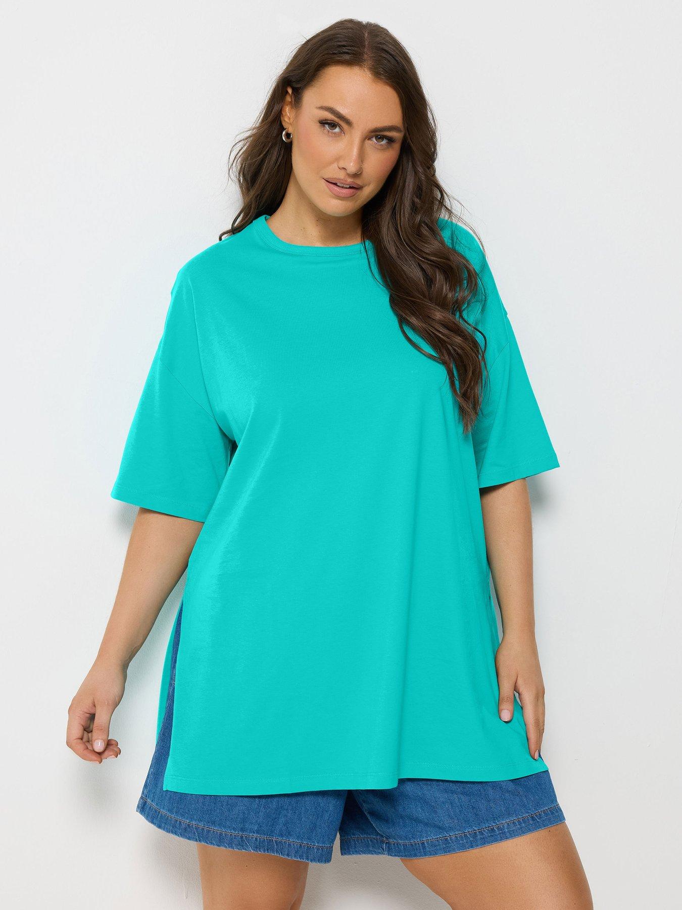 Yours Curve Relaxed Side Split Longline T-Shirt - Blue