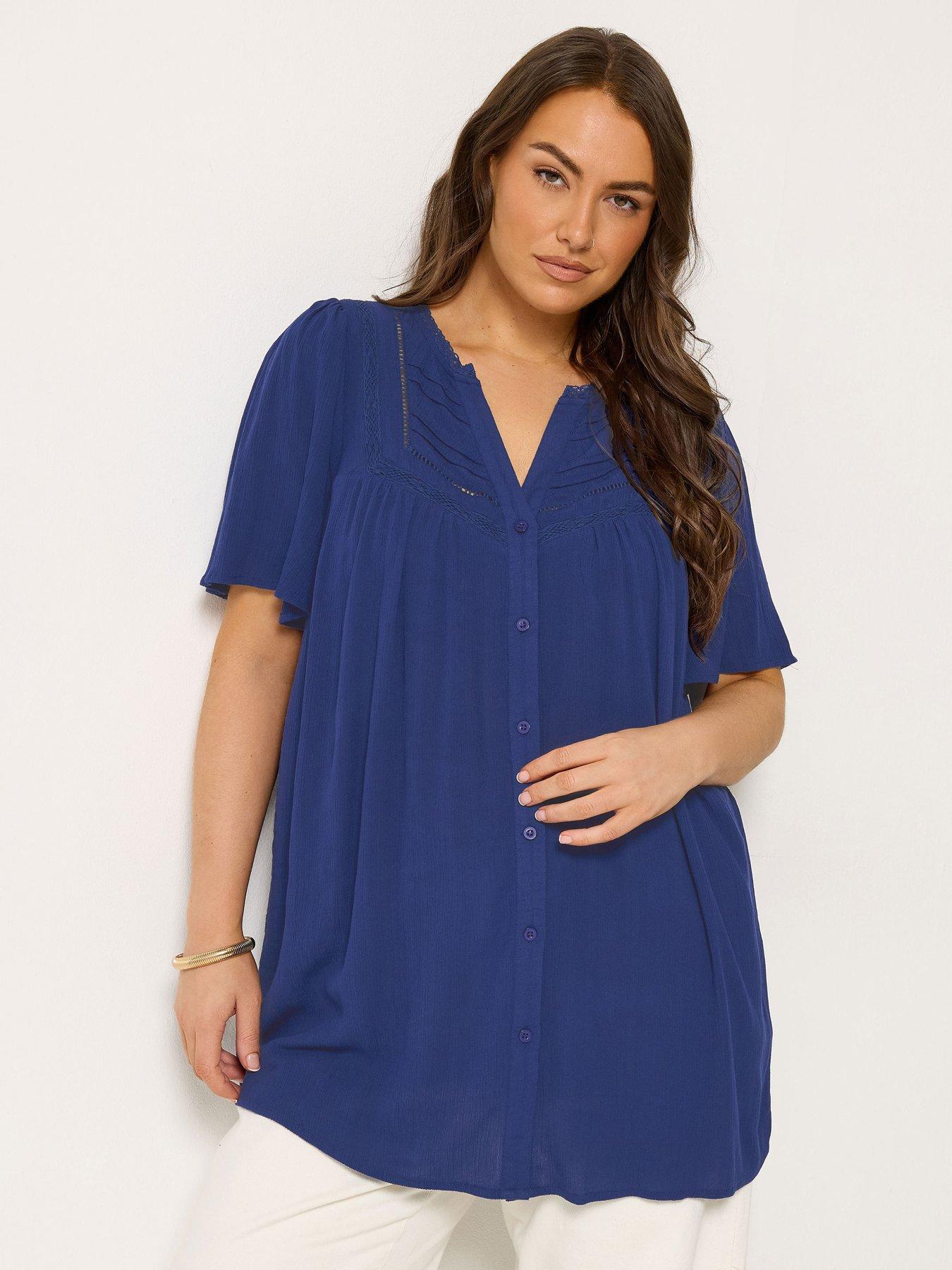 Yours Curve Short Sleeve Notchneck Blouse - Navy Blue