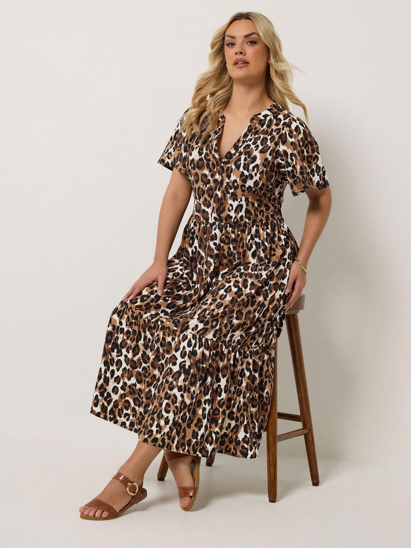 Yours Curve Leopard Print Half Placket Dress - Brown
