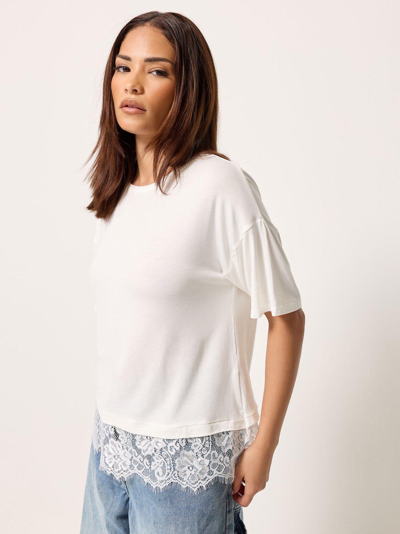 Image 1 of 4 of PixieGirl Petite Lace Hem T-Shirt - White