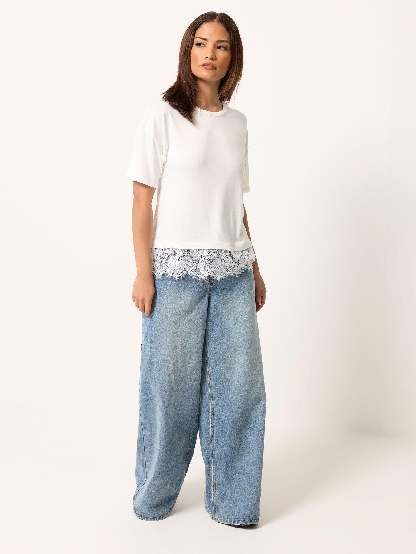 Image 3 of 4 of PixieGirl Petite Lace Hem T-Shirt - White